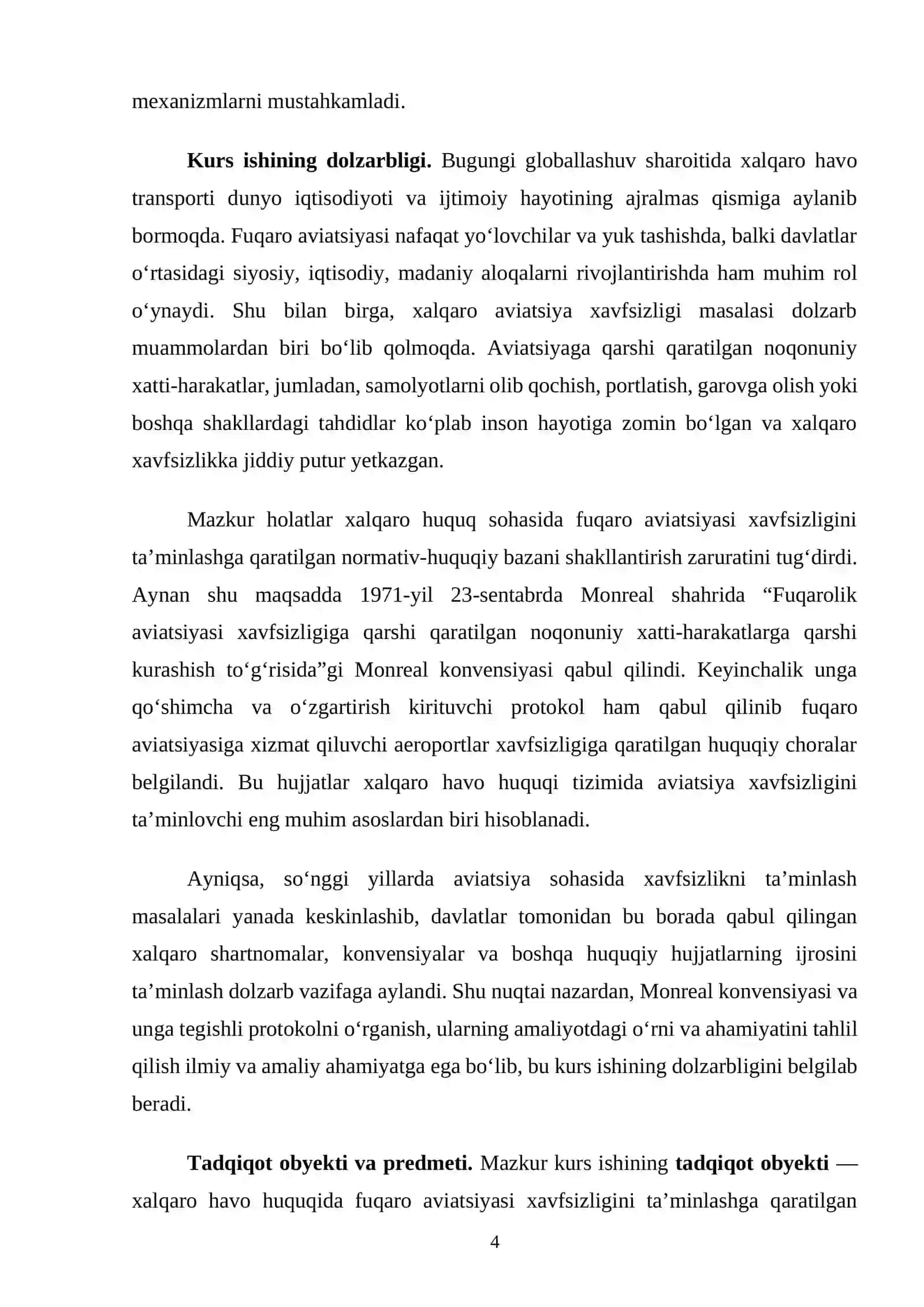 XALQARO HAVO HUQUQIDA FUQARO AVIATSIYASI XAVFSIZLIGINI TA'MINLASHDA MONREAL KONVENSIYASI VA PROTOKOLINING O'RNI 4