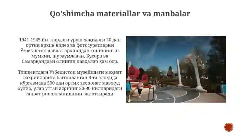 Jangovar va mexnat shuxrat joylariga safarlar tashkil qilish va ôtkazish 4