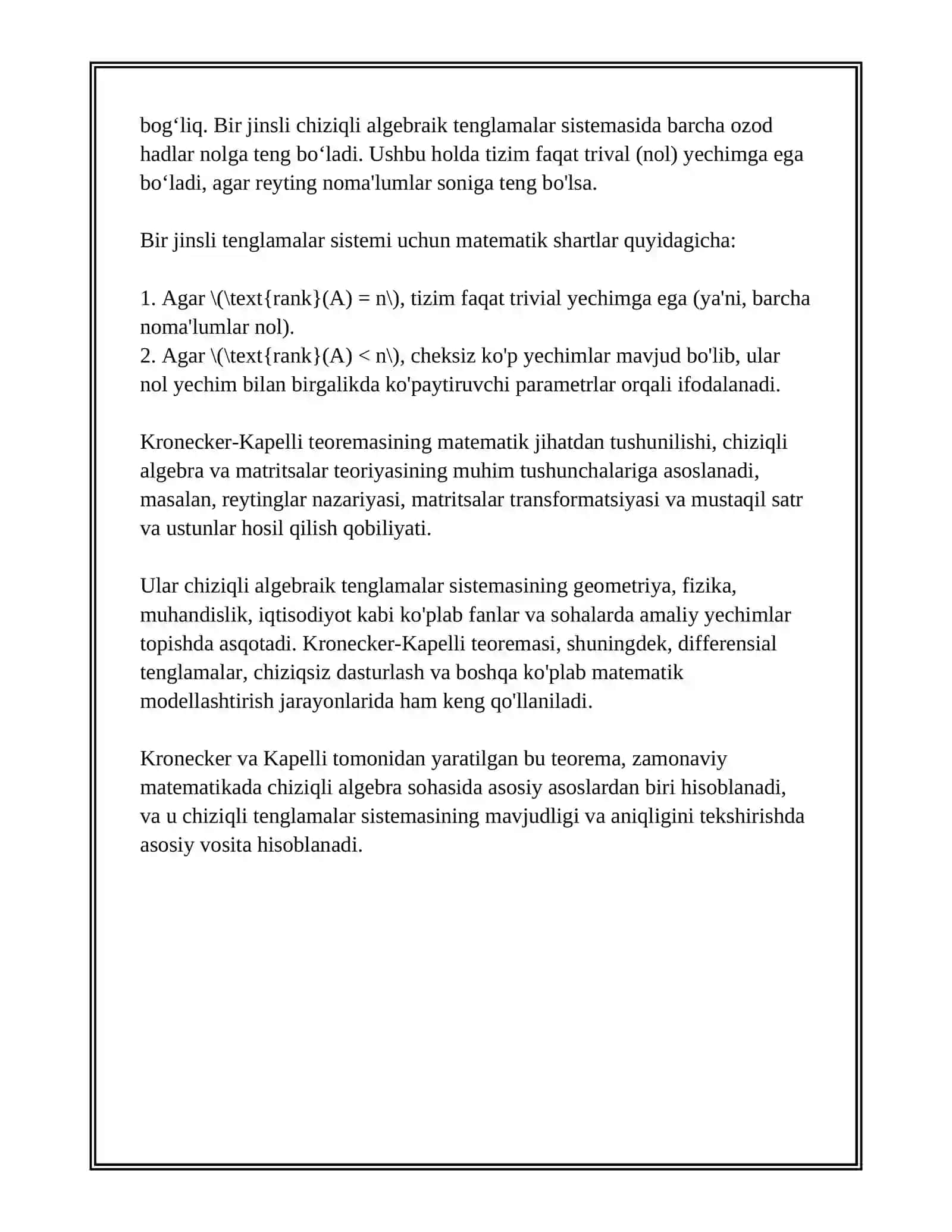 KRONEKKER-KAPELLI TEOREMASI.BIR JINSLI CHIZIQLI ALGEBRAIK TENGLAMALAR SISTEMASI 4