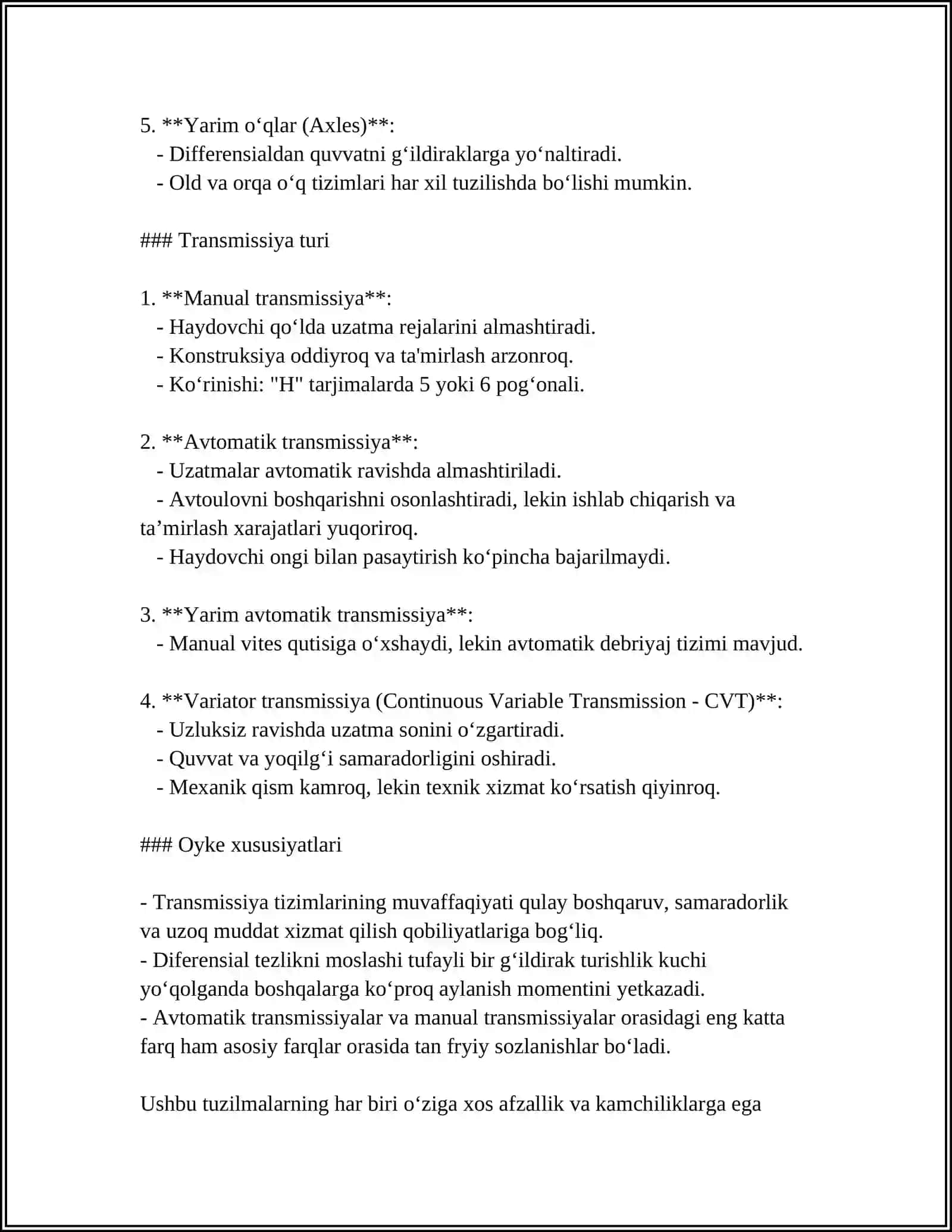TRANSMISSIYA AGREGATLARIGA TXK VA TAʼMIRLASH ISHLARI TEXNOLOGIYASI 4