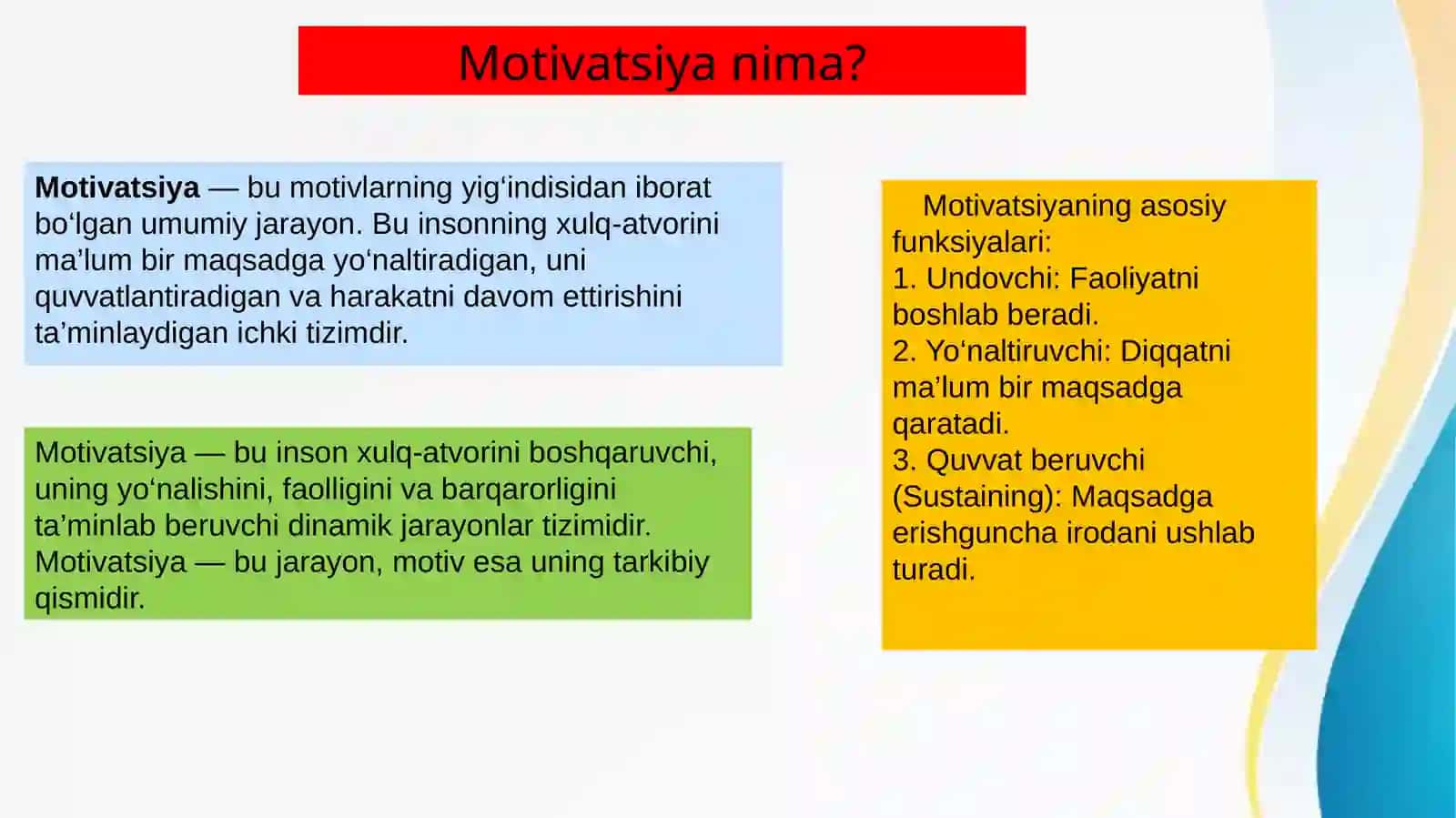 Motiv va motivatsiya xaqida umumiy tushuncha, uning o‘rganish metodlari 4