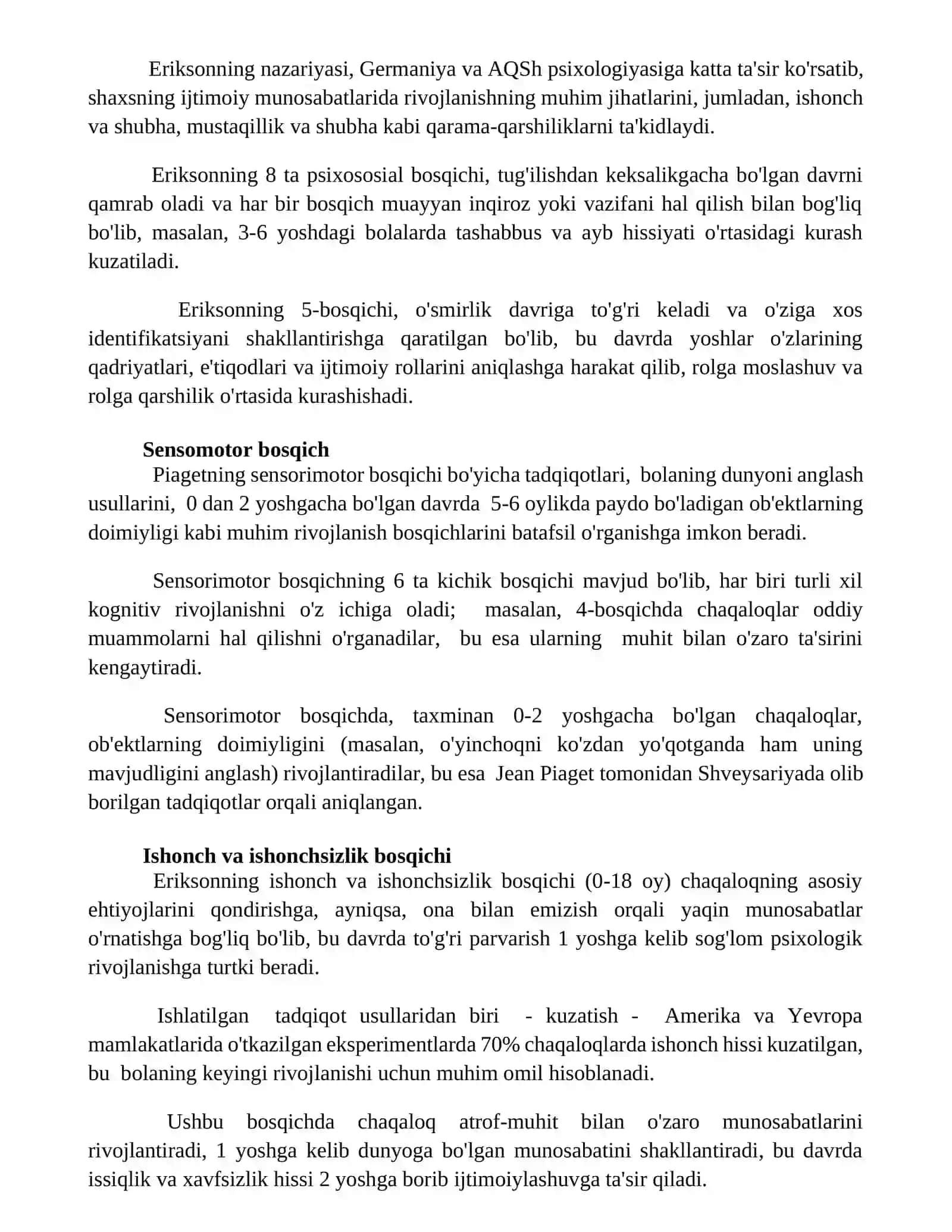 Jan Piaget va Erik Erikson nazariysi insoning rivojlanish bosqichi 4