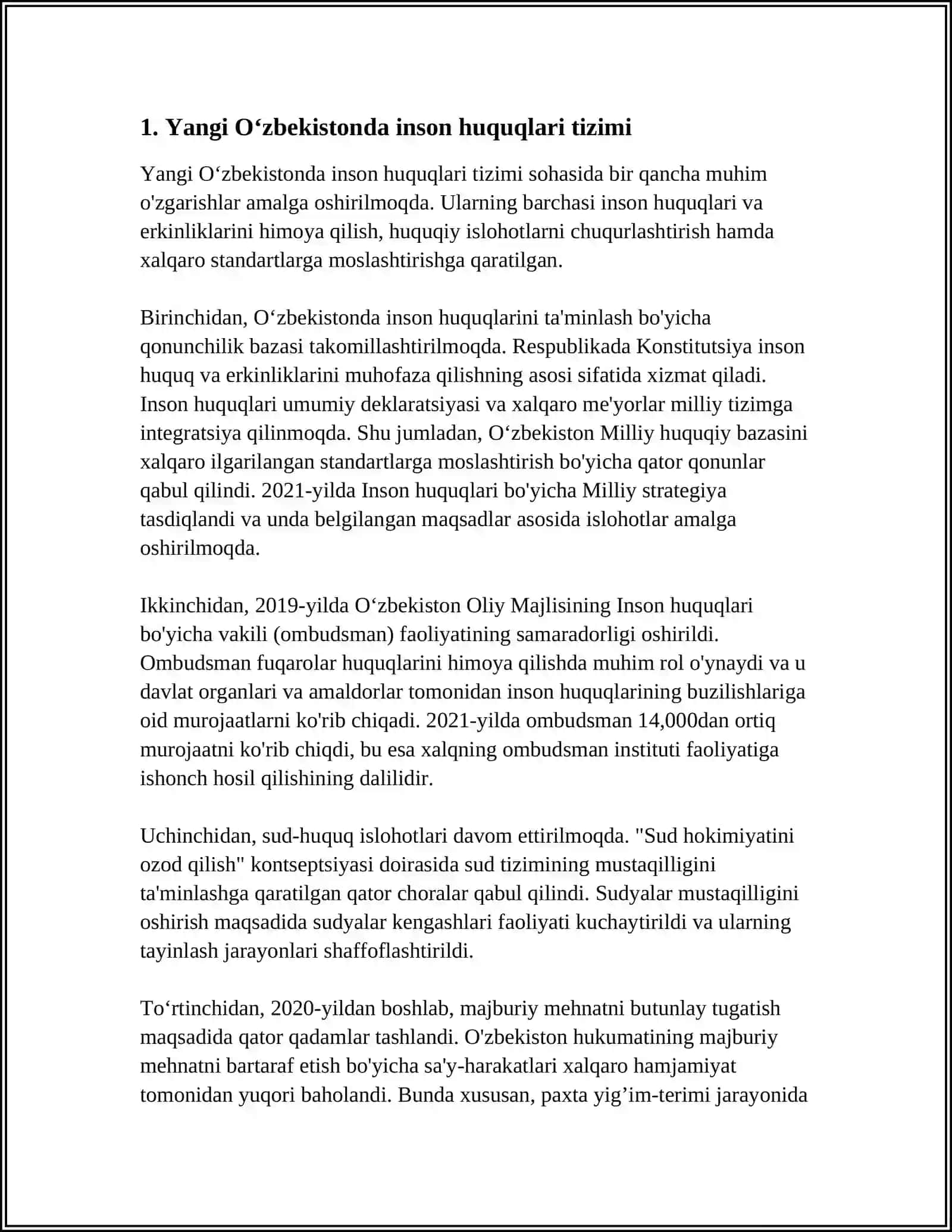 YANGI OʻZBEKISTONDA INSON HAQ HUQUQLARI VA ERKINLIKLARINI KAFOLATNING YARATILISHI 4