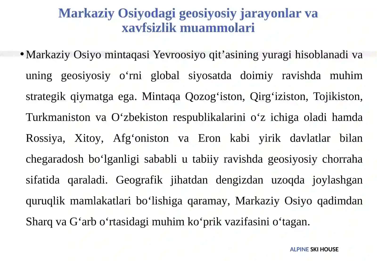 Markaziy Osiyodagi geosiyosiy jarayonlar. Markaziy Osiyoning tabiiy-geografik, transport-kommunikatsion imkoniyatlari 4