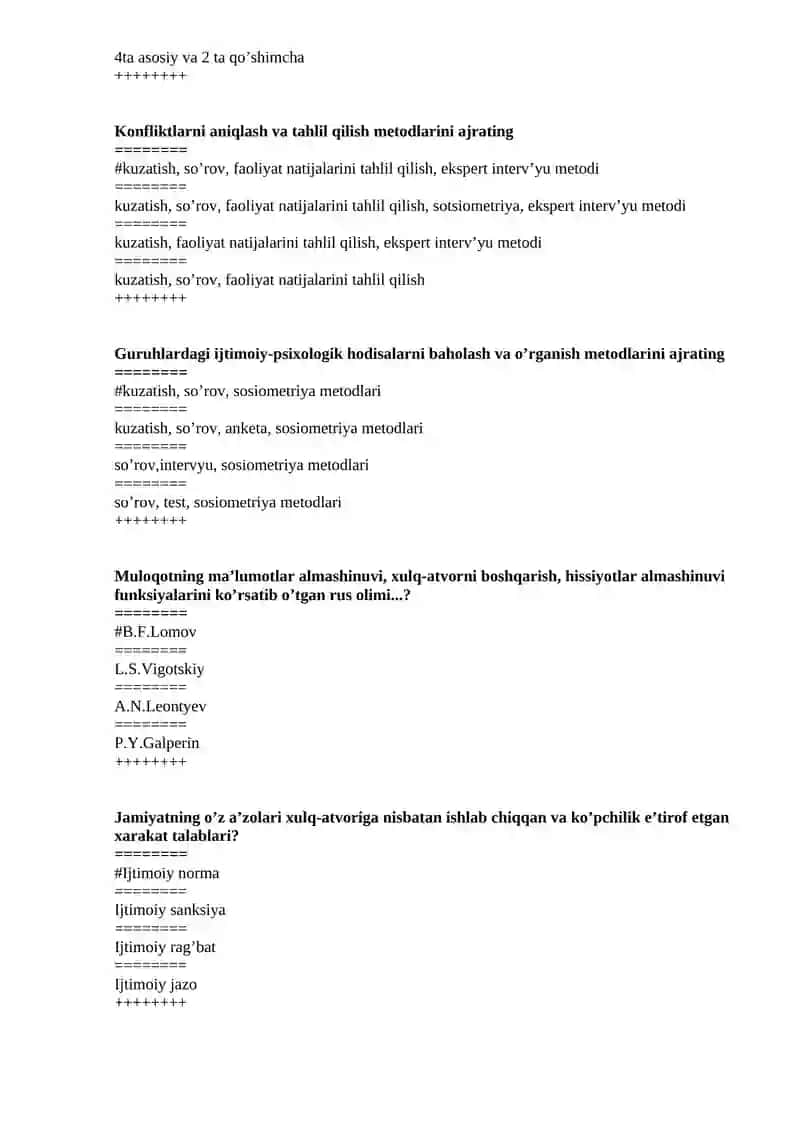IJTIMOIY PSIXOLOGIYA FANIIDAN TESTLAR 4