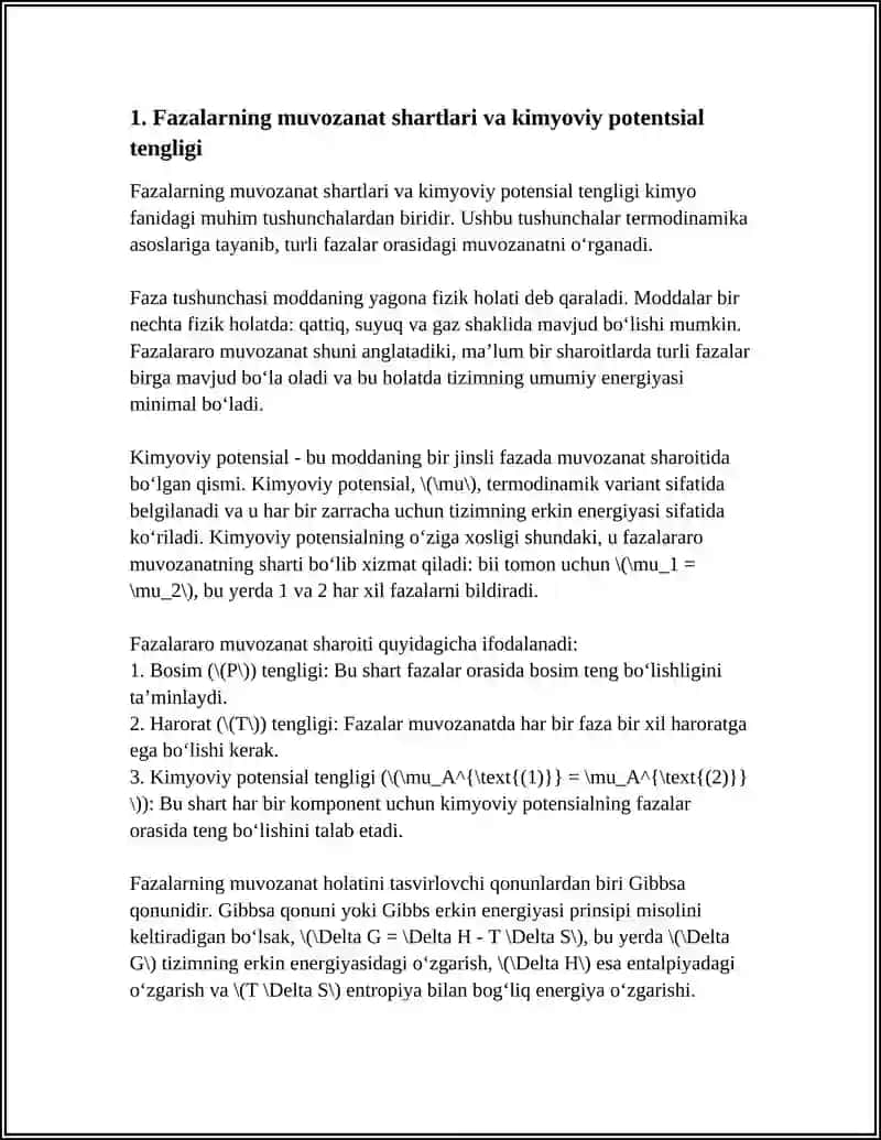 FAZALARNING MUVOZANATDA BO‘LISH SHARTI. FAZALAR DIAGRAMMALARI. KLAPEYRON-KLAUZIUS 4