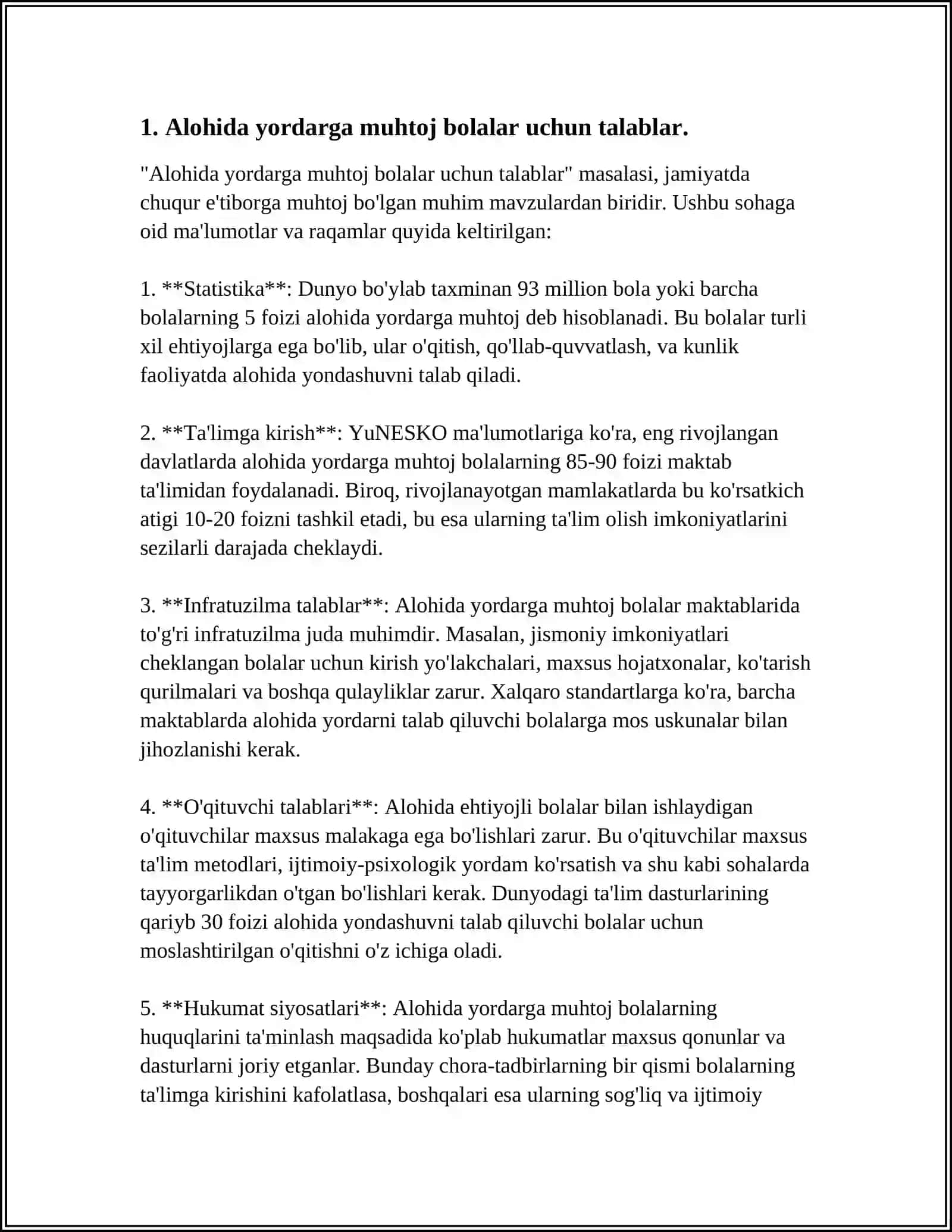 ALOHIDA YORDAMGA MUHTOJ BOLALAR MAKTABINING BOSHLANGʻICH SINFLARI UCHUN DAVLAT TAʼLIM TALABLARI VA OMMAVIY MAKTAB BOLALAR MAKTABINING BOSHLANGʻICH SINFLARI UCHUN DAVLAT TAʼLIM TALABLARINI QIYOSIY OʻRGAN MING VA KONSPEKT QILING 4