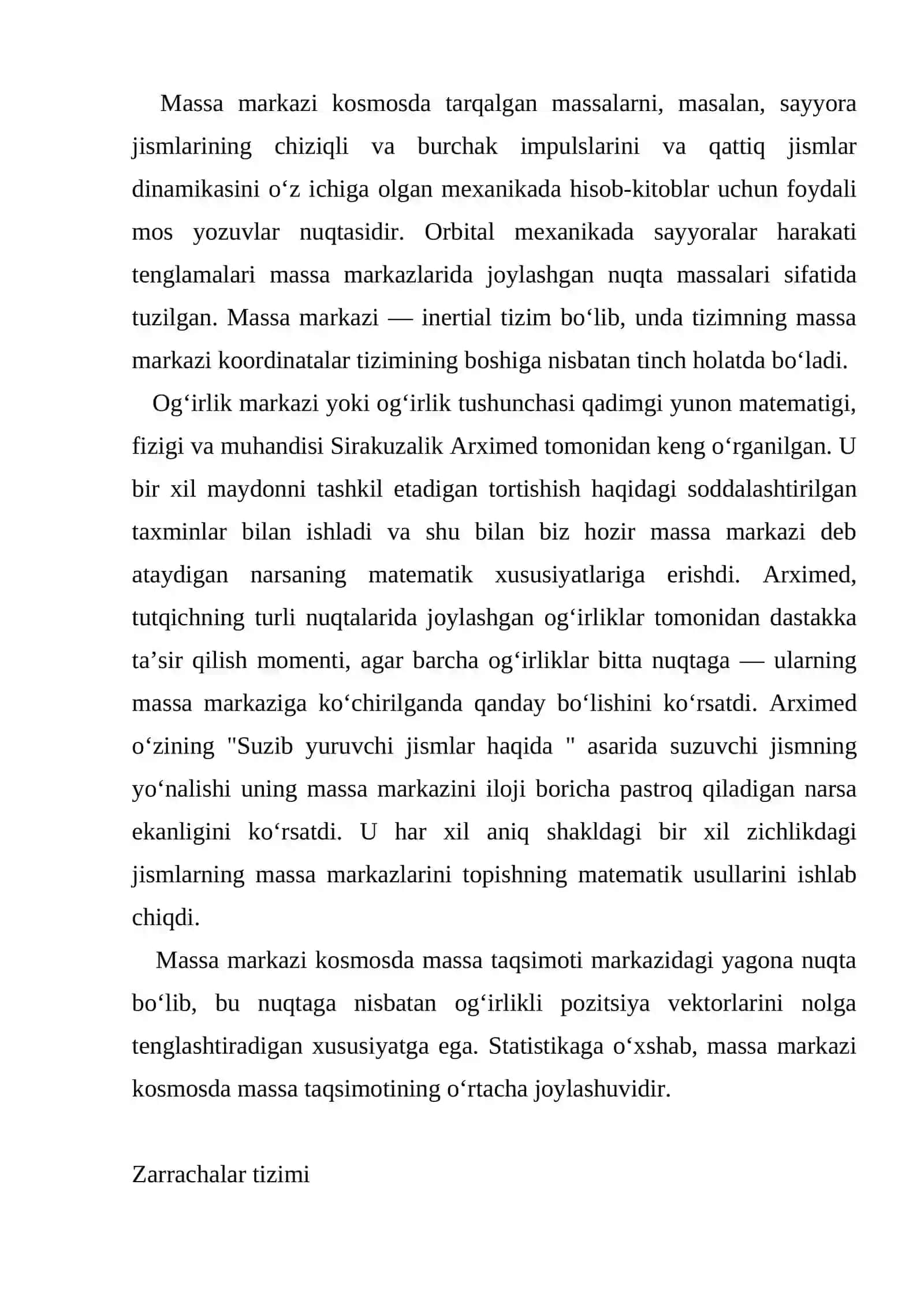 Sistema massasi. Massa markazi. Massa markazi harakati haqidagi teoremadan foydalanib masalalar yechish. Kesishuvchi kuchlar sistemasining muvozanat shartlari. Uch kuch muvozanati haqidagi teoremadan foydalanib masalalar yechish 4