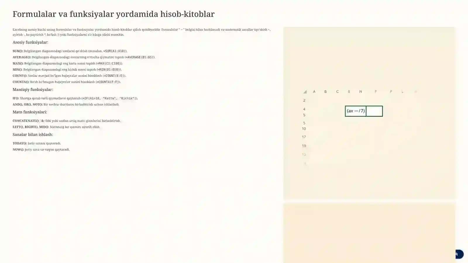 Microsoft Excel: Ma'lumotlarni Ko'rish, Qayta Ishlash va Umumlashtirish 4