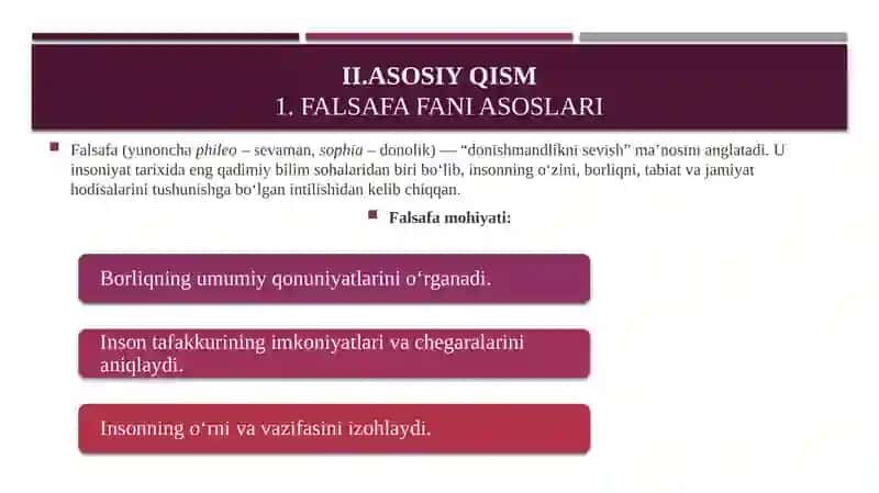 FALSAFA FANI ASOSLARI VA UNING MAQSAD VA VAZIFALARI DUNYOQARASH SHAKILLARI 4