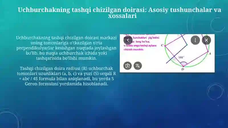 Uchburchakka ichki va tashqi chizilgan aylanalarga oid misollar yechish 4