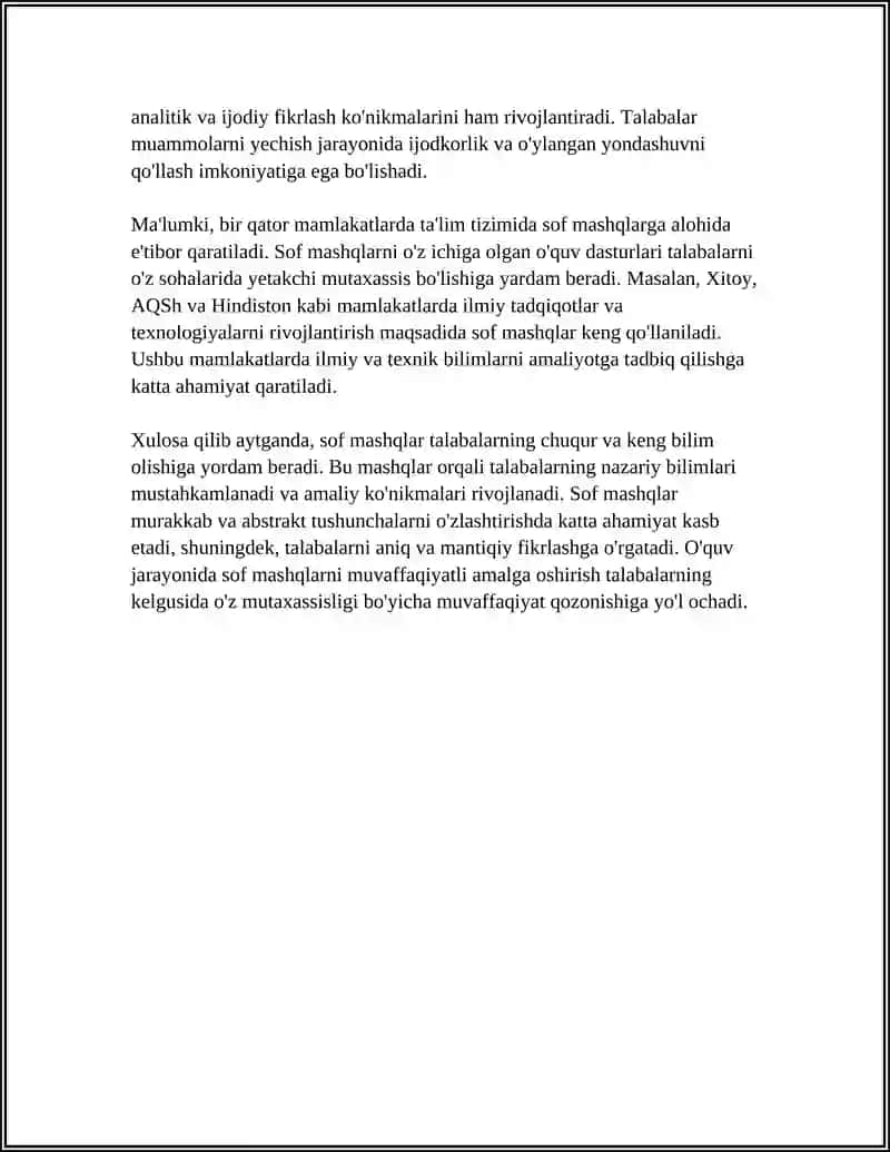 SOF MASHQLAR VA UNING TARIFI 4