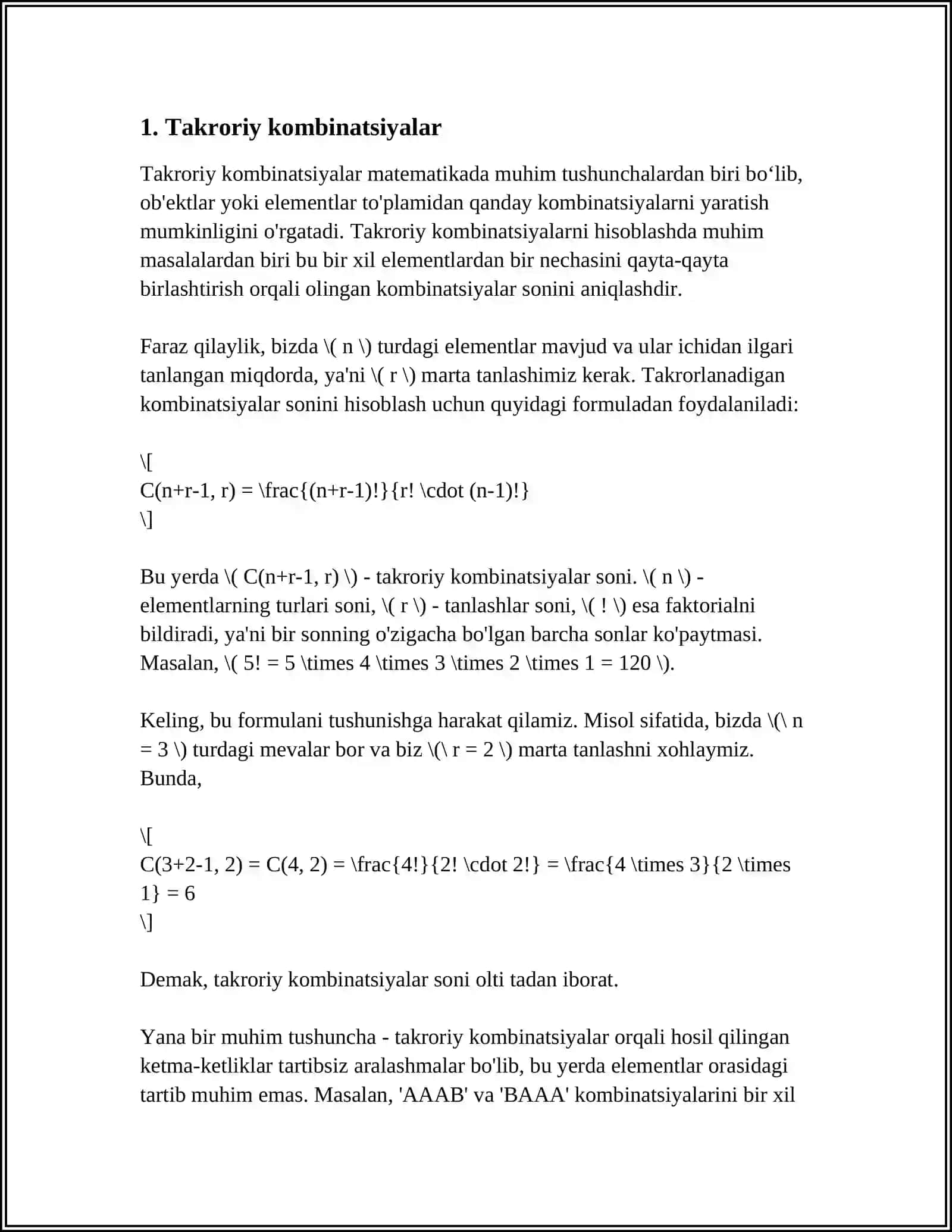 Takroriy va Takrorsiz Kombinatoriya Elementlariga Doir Masalalar 4