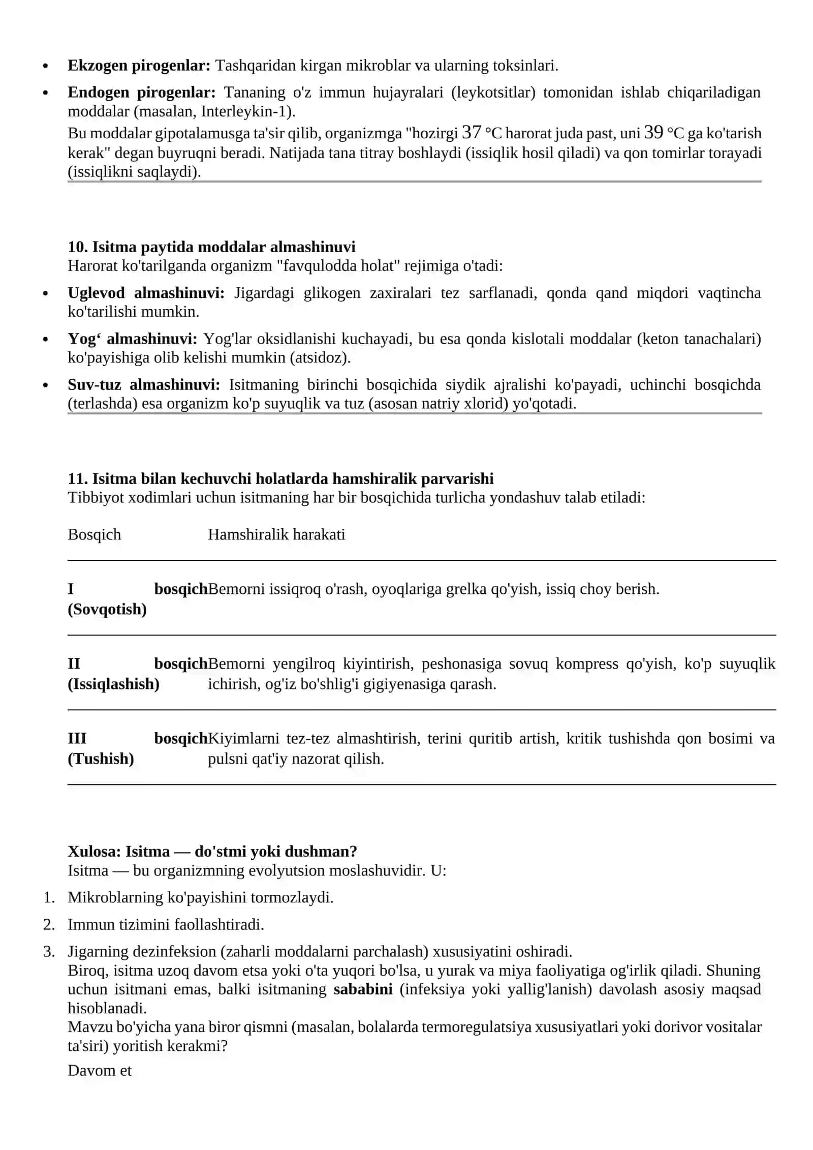 Termoregulatsiya-tana haroratining boshqarilishi. Energiyaning hosil bo`lishi. isitma va uning sabablari. bosqichlari 4