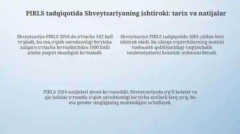 Matnni o'qish sifati tushunish darajasini aniqlash bo'yicha xorij tajribasini o'rganish Shvetsariya 4