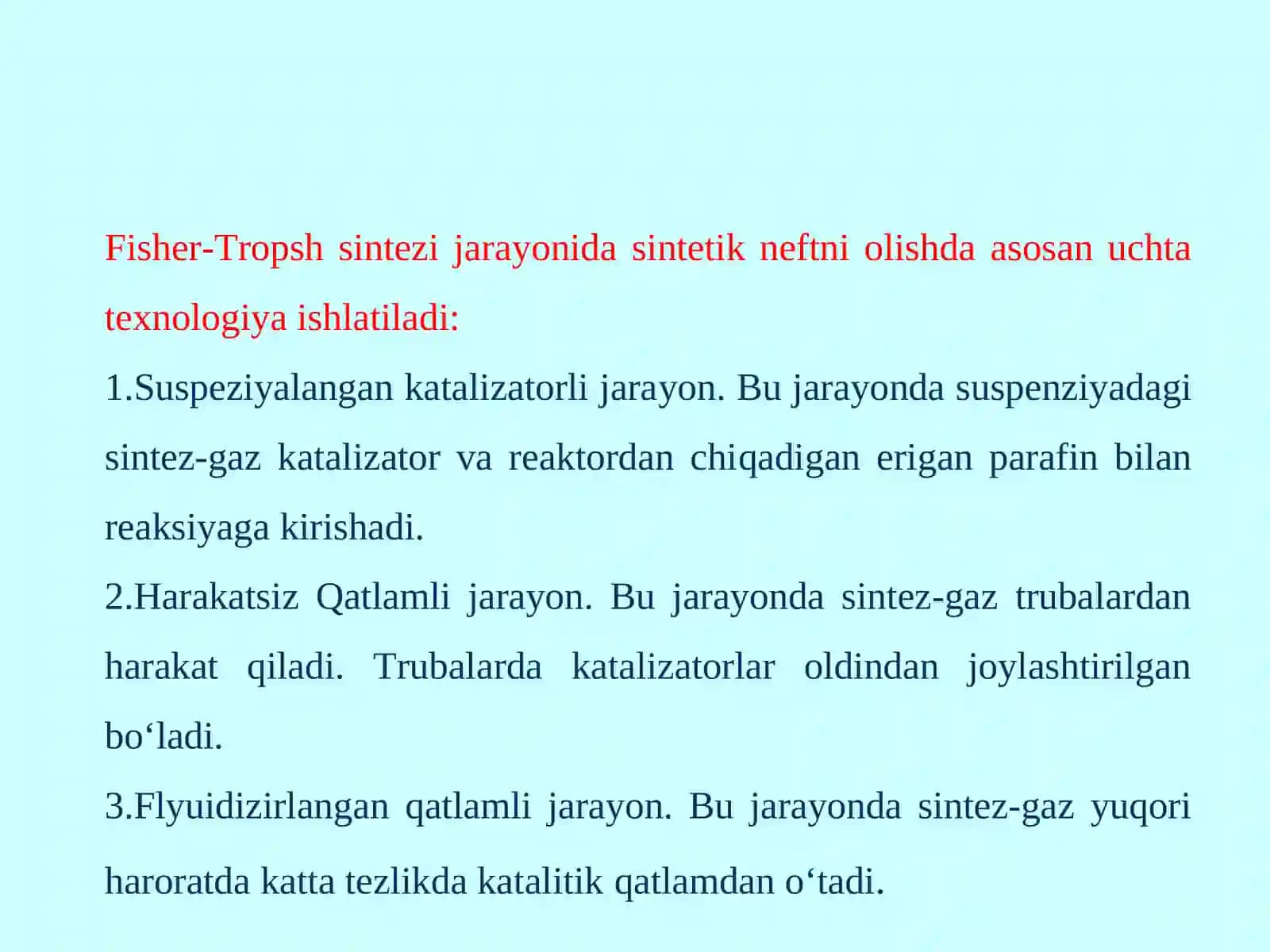 SINTETIK SUYUQLIK YOQILG‘ISINI ISHLAB CHIQARISHDA FISHER-TROPSH TEXNOLOGIYASINI QO‘LLANILISHI 4