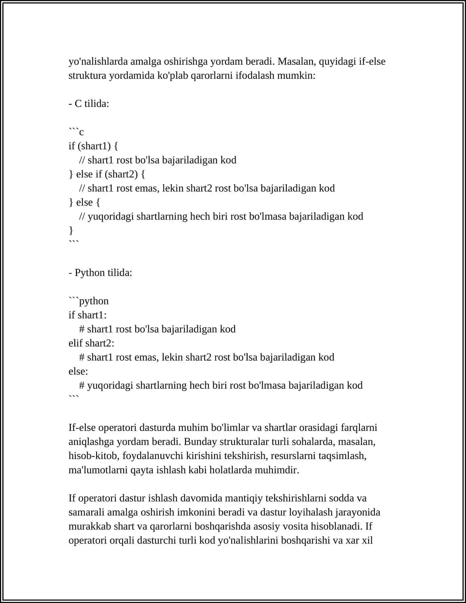 IF,ELSE,SWITCH STRUKTURASI BILAN ISHLASH 4