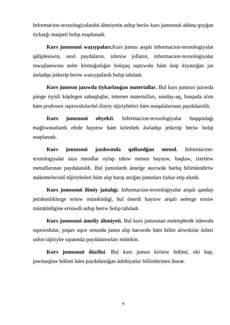 KURS JUMISI TÁRBIYA PÁNIN OQITIWDA INFORMACIYA TEXNOLOGIYALARINAN PAYDALANIW 4