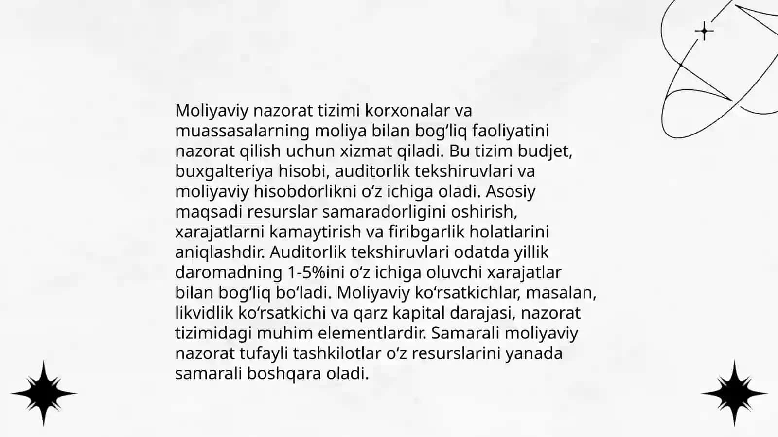 Umumdavlat nazorat organlari va ularning moliyaviy nazoratni tashkil etishdagi oʻrni 4