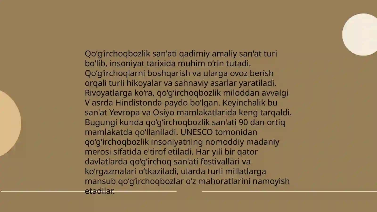 Sahna madaniyati. Ijro yo‘llari.Qo‘g‘irchoqbozlik. Intermediyalarni, lof va askiyalarni ijro qilish 4