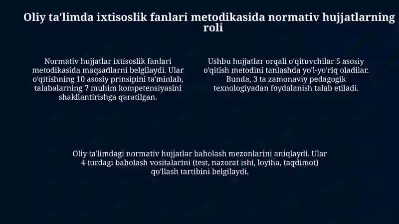 Normativ hujjatlarning roli va turlari: Oliy ta'limda ixtisoslik fanlarini o'qitish metodologiyasi 4