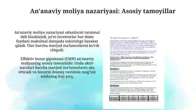 Xulq-atvor moliya tushunchasi va an'anaviy moliya nazariyasidan farqlari 4