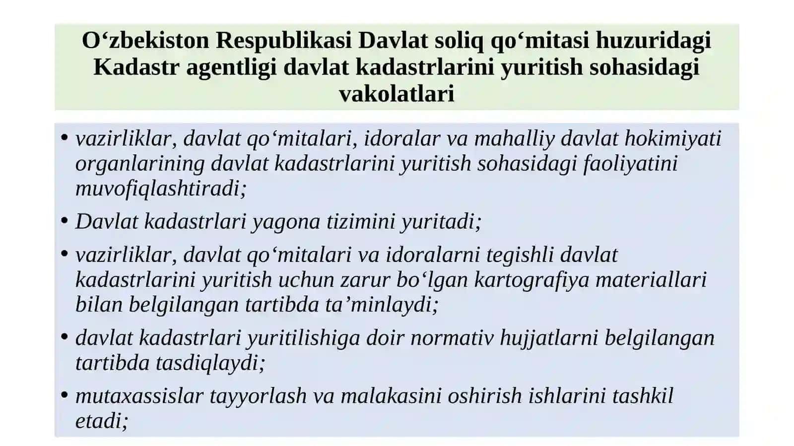 Maxsus vakolatli organning davlat kadastrlarini yuritish sohasidagi vakolatlari 4