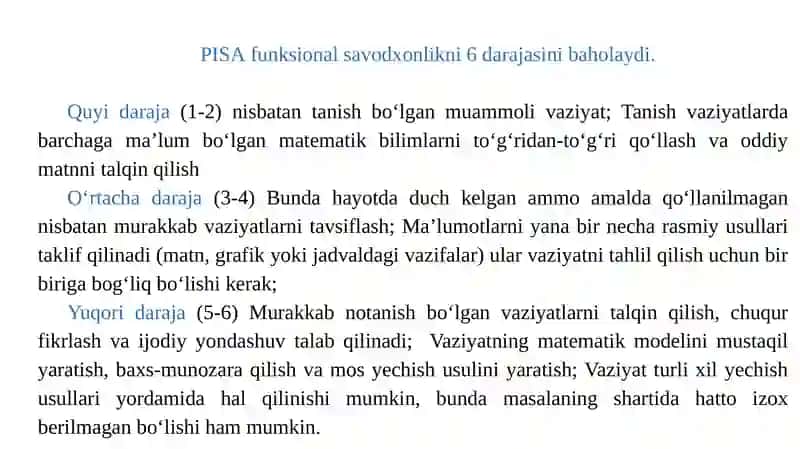 Umumiy o’rta talim maktab o’quvchilari uchun PISA topshiriqlarini tayyorlash va baholash mezonlari 4