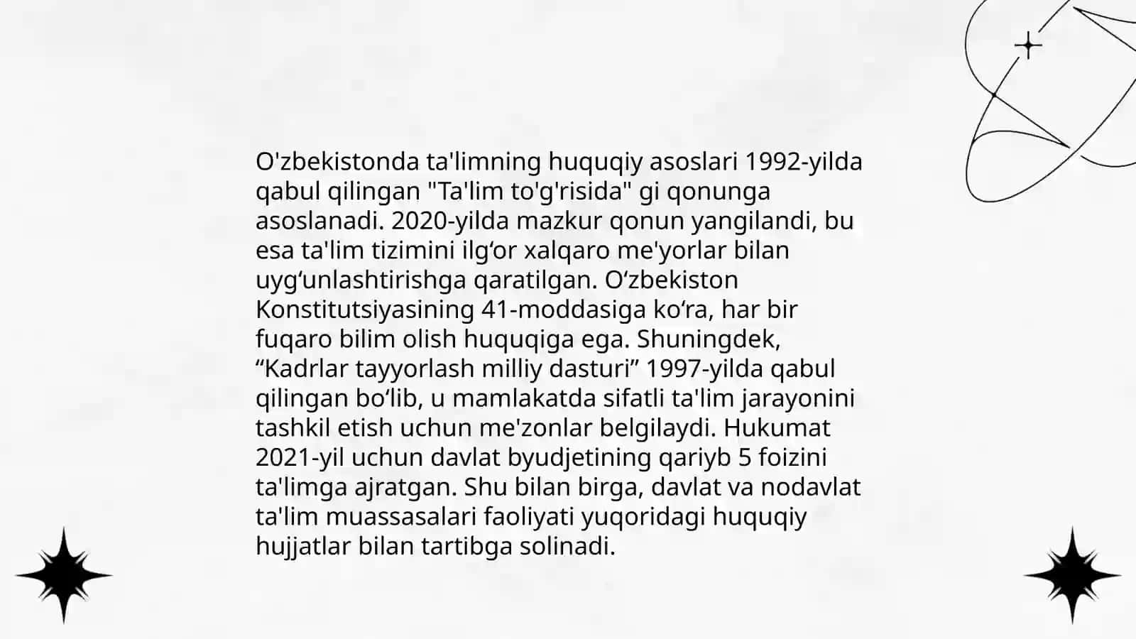 Ta'lim to'g'risidagi davlat qonunlarini va ko'rsatmalarini o'rganish 4