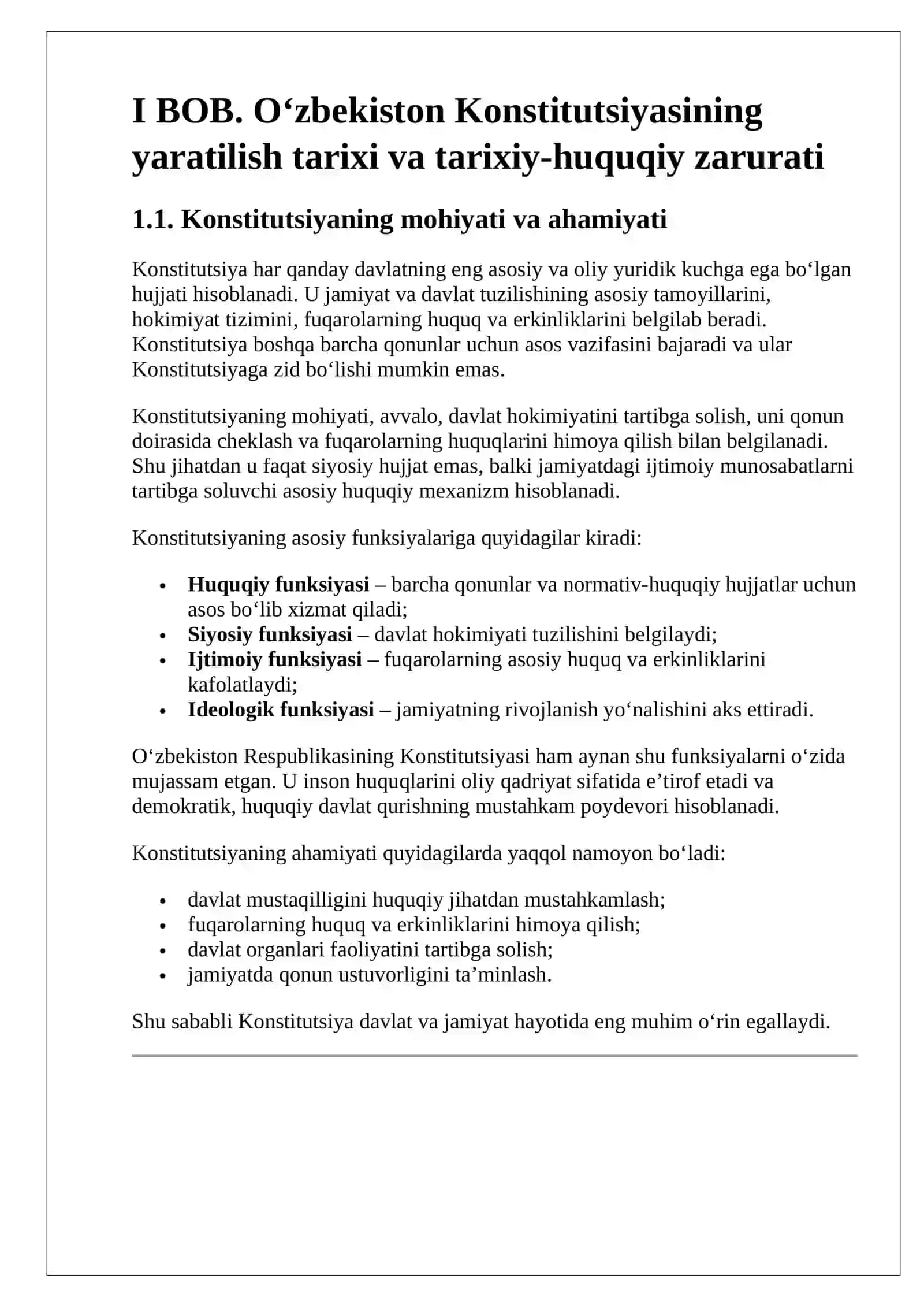 O‘zbekiston Konstitutsiyasi: tarix, rivojlanish bosqichlari va fuqarolik jamiyati (30 bet mukammal kurs ishi, 2026) 4