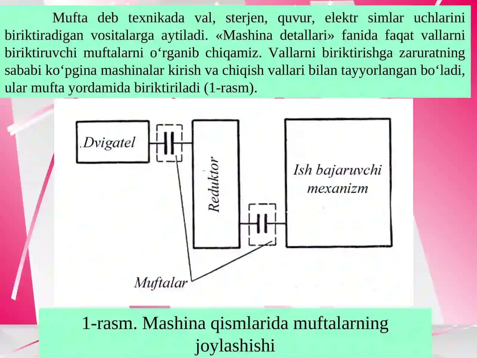 Muftalar.Umumiy ma’lumotlar va vazifalari. Boshqarilmay­digan (doimiy biriktirilgan qo’zg’almas va kompensatsiyalovchi) muftalar 4