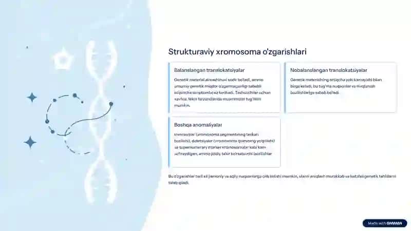 Xromasomalar kasalliklari. Xromasomalar soni va strukturasini o'zgarishlari. Prenatal tashhislash 4