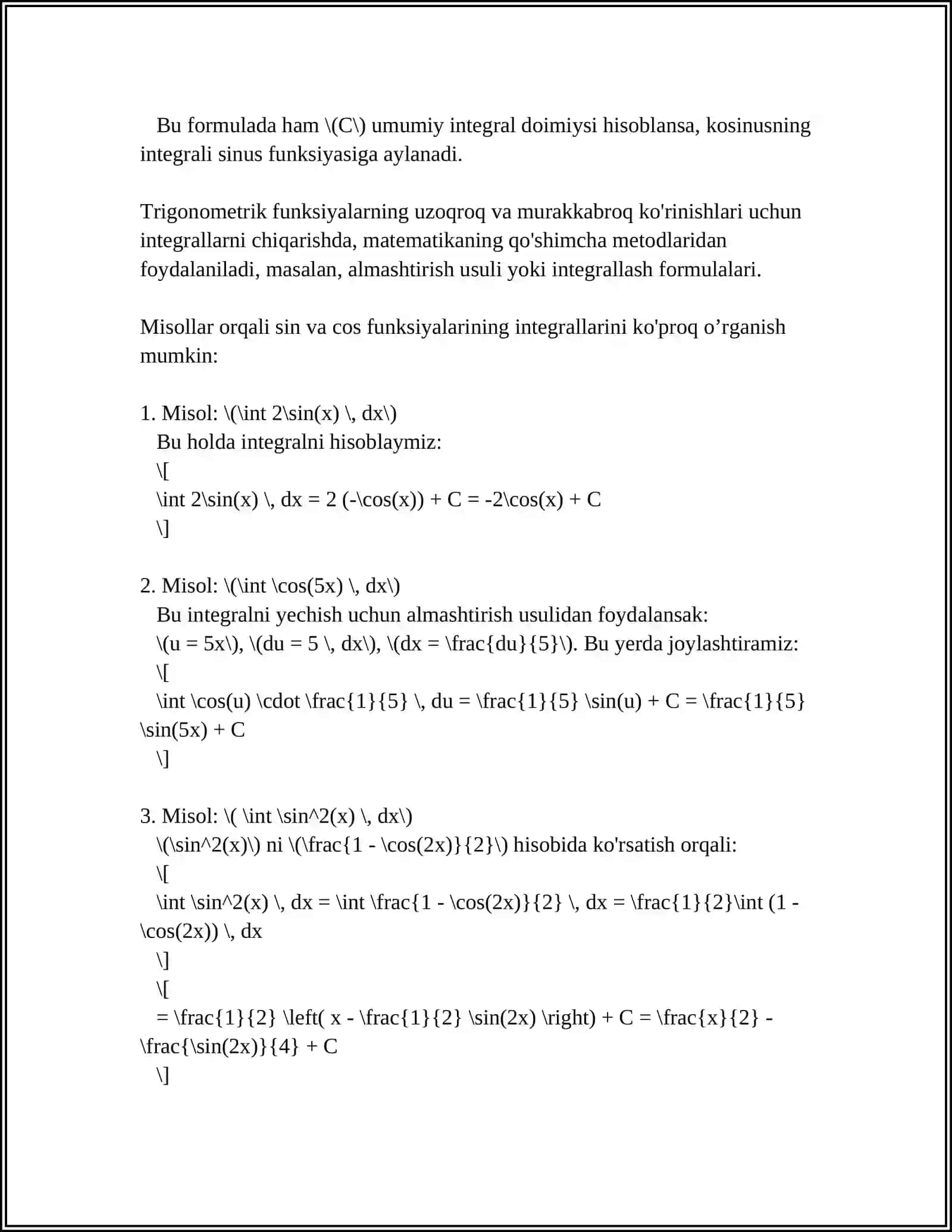 BA'ZI TRIGONOMETRIK FUNKSIYALAR SINFINI INTEGRALLASH. ANIQ INTEGRAL. ANIQ INTEGRALNING GEOMETRIK TATBIQLARI 4