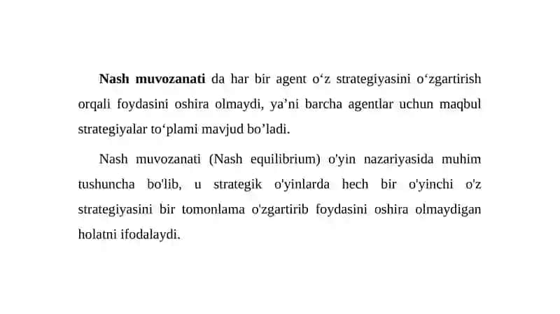 Multiagent o‘yinlar va strategiya. Multiagent tizimlar uchun o‘yin nazariyasi. Nash muvozanati va Pareto optimalligi 4