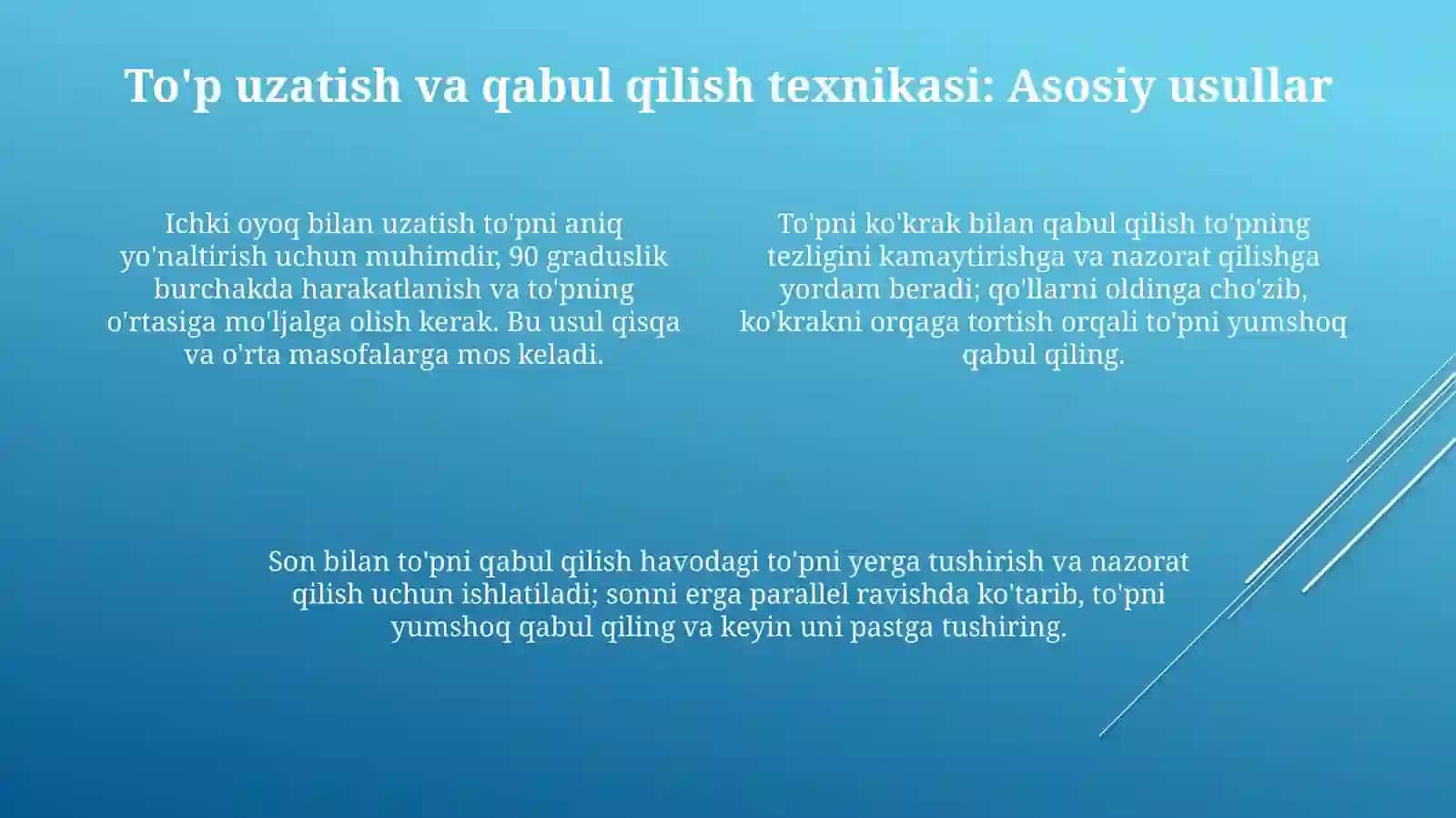 Futbol. To’ni har xil xolatlardan uzatish va qabul qilish texnikasini o’rgatish 4