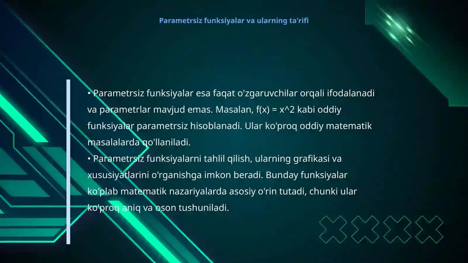 Parametrli va parametrsiz funksiyalaming matematik masalalardagi roli 4
