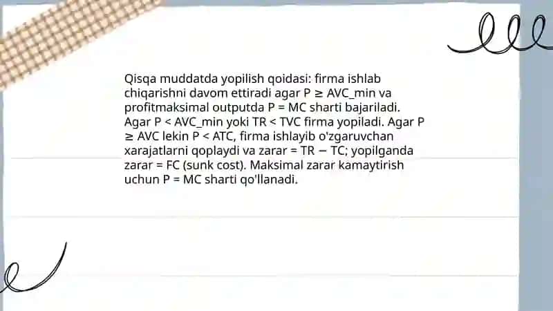 Mukammal raqobatli bozorda foydani maksimalashtirish va uzoq muddatli ishlab chiqarish qarorlari 4