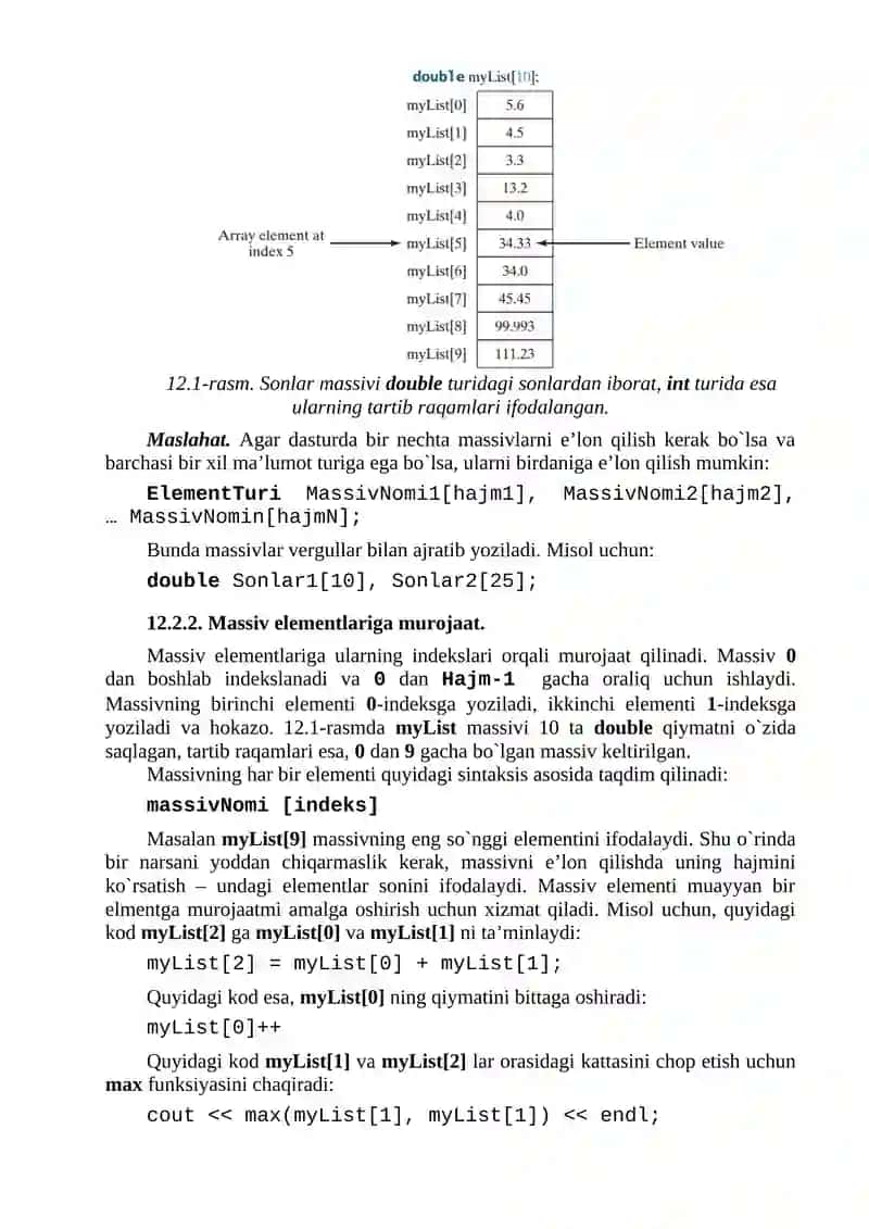 MASSIV TUSHUNCHASI. BIR O‘LCHOVLI MASSIVLARNI E’LON QILISH YO‘LLARI. MASSIVLARGA FUNKSIYADAN MUROJAT QILISH. 4