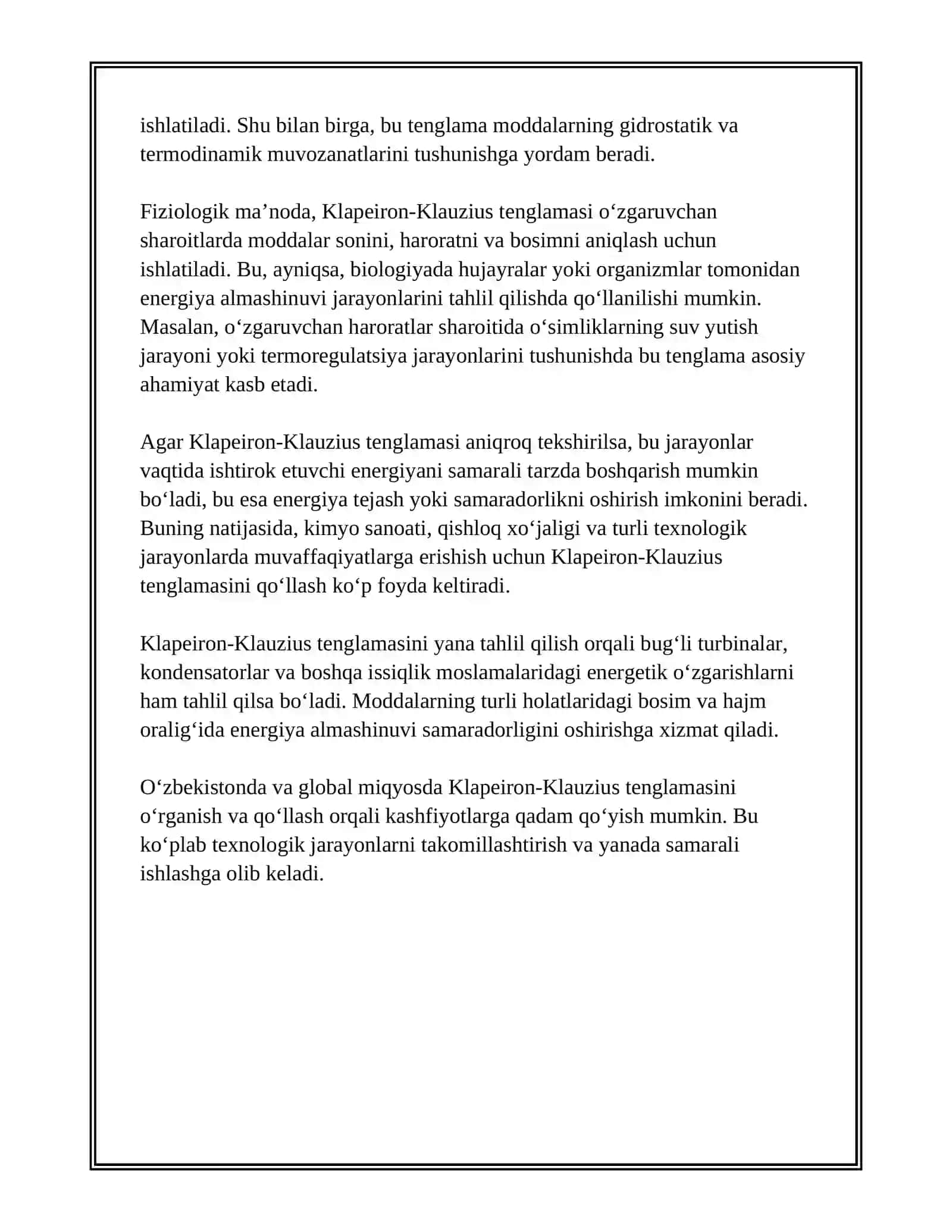KLAPEYRON KLAUZIUS TENGLAMASI NIMANI IFODALAYDI 4