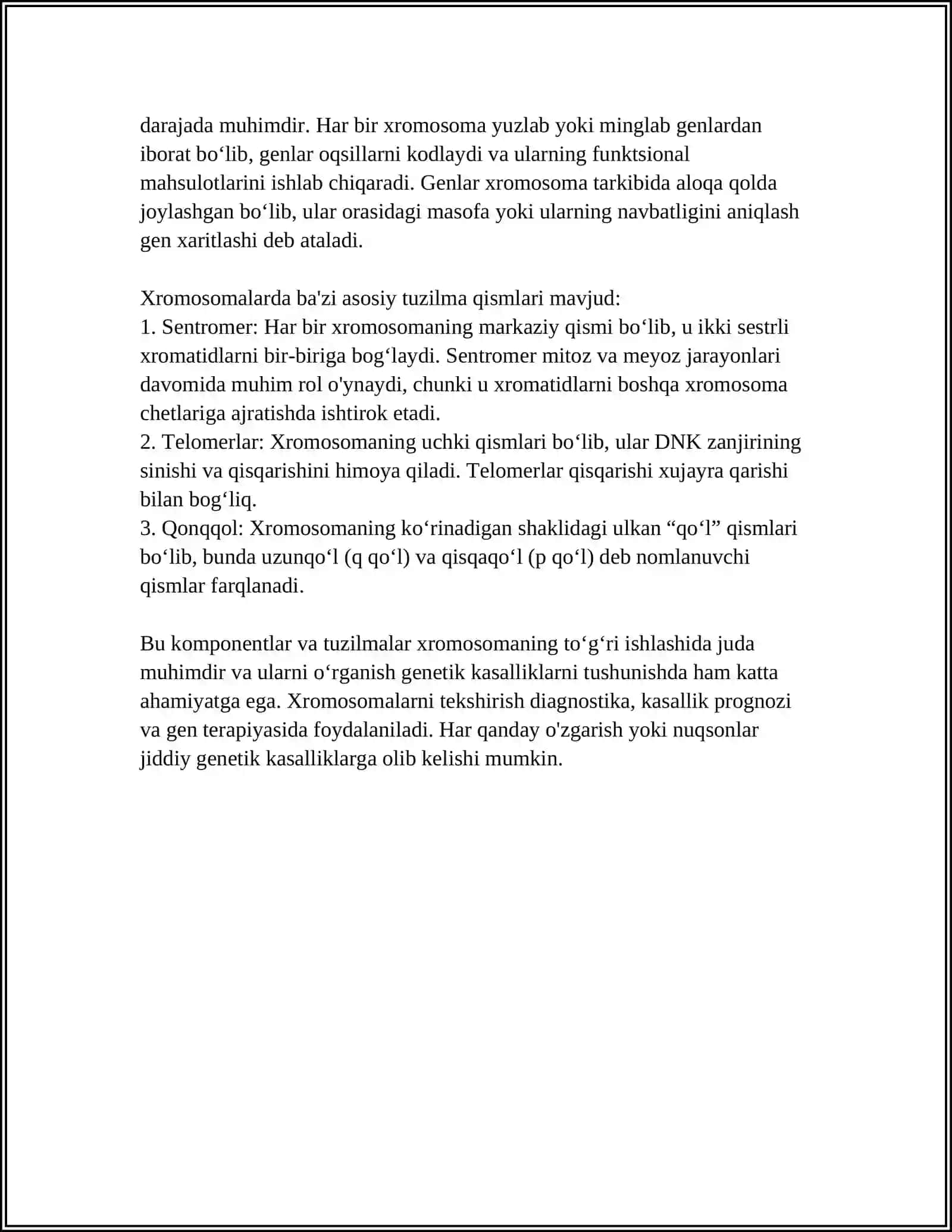 TIRIK MAVJUDOTLAR XROMOSOMALARINING TUZILISHI, SONI VA GENETIK XARITALASHDAGI AHAMIYATI 4