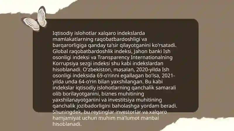 Yangi Oʼzbekiston iqtisodiy va madaniy hayotida roʼy verayotgan oʼzgarishlarning xalqaro reyting va indekslarda aks etishi 4