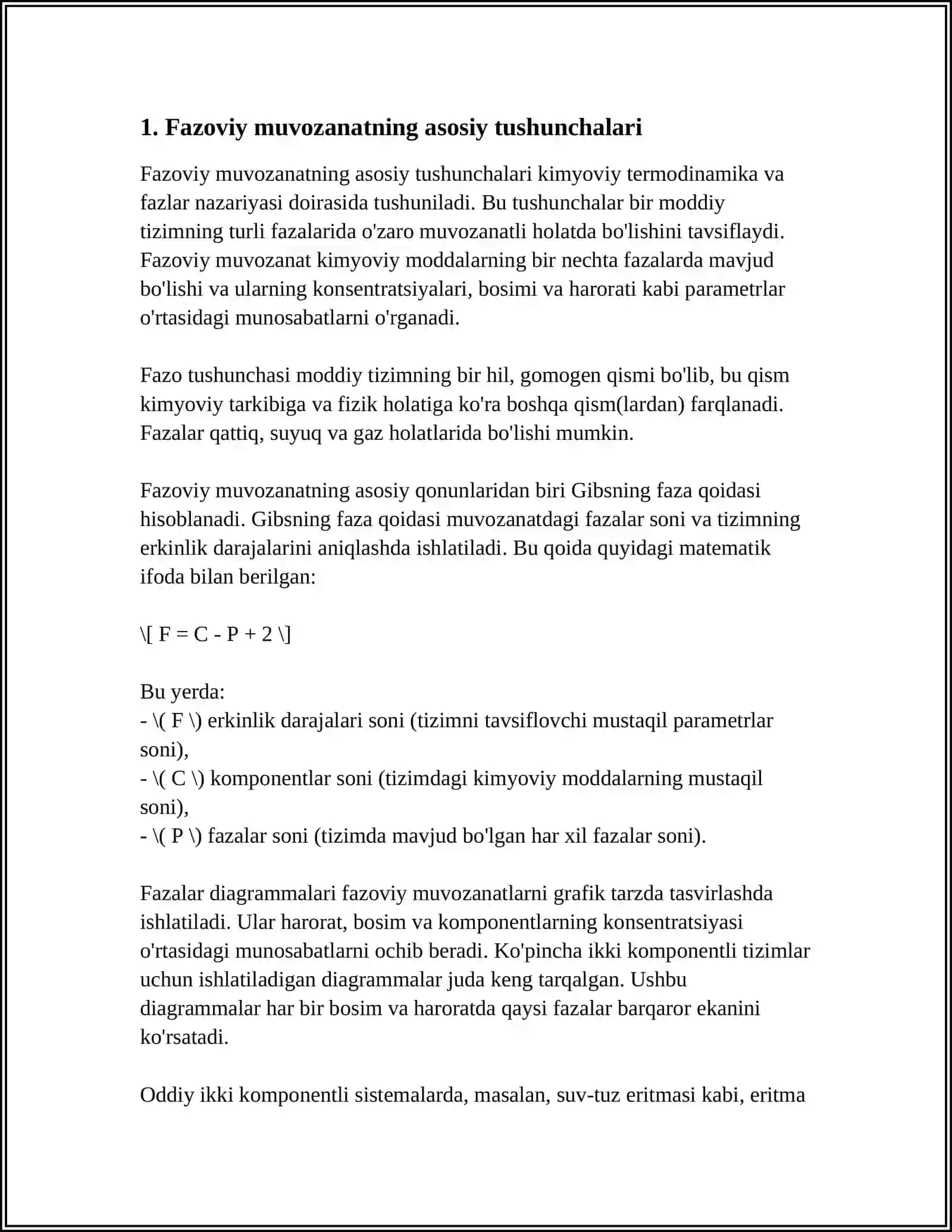 FAZOVIY MUOZANAT. ASOSIY TUSHUNCHALAR: KOMPONENT, FAZA, ERKINLIK DARAJASI. GIBBSNING FAZALAR QOIDASI. BIR KOMPONENTLI SISTEMALARNING HOLAT DIOGRAMMASI. IKKI KOMPONENTLI SISTEMALARNING HOLAT DIAGRAMMASI 4