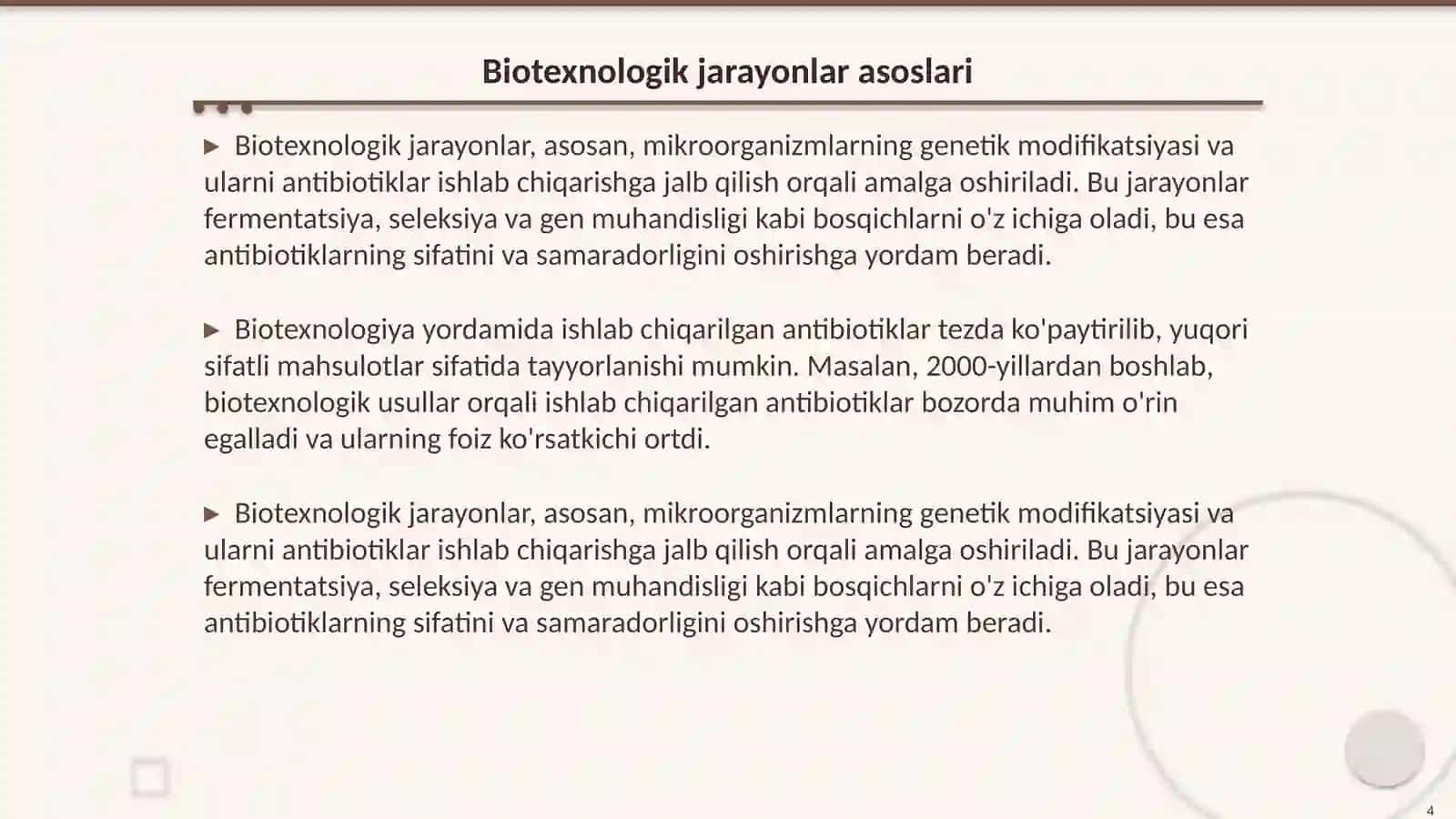 Antibiotiklarni ishlab chiqarish biotexnologiyasi 4