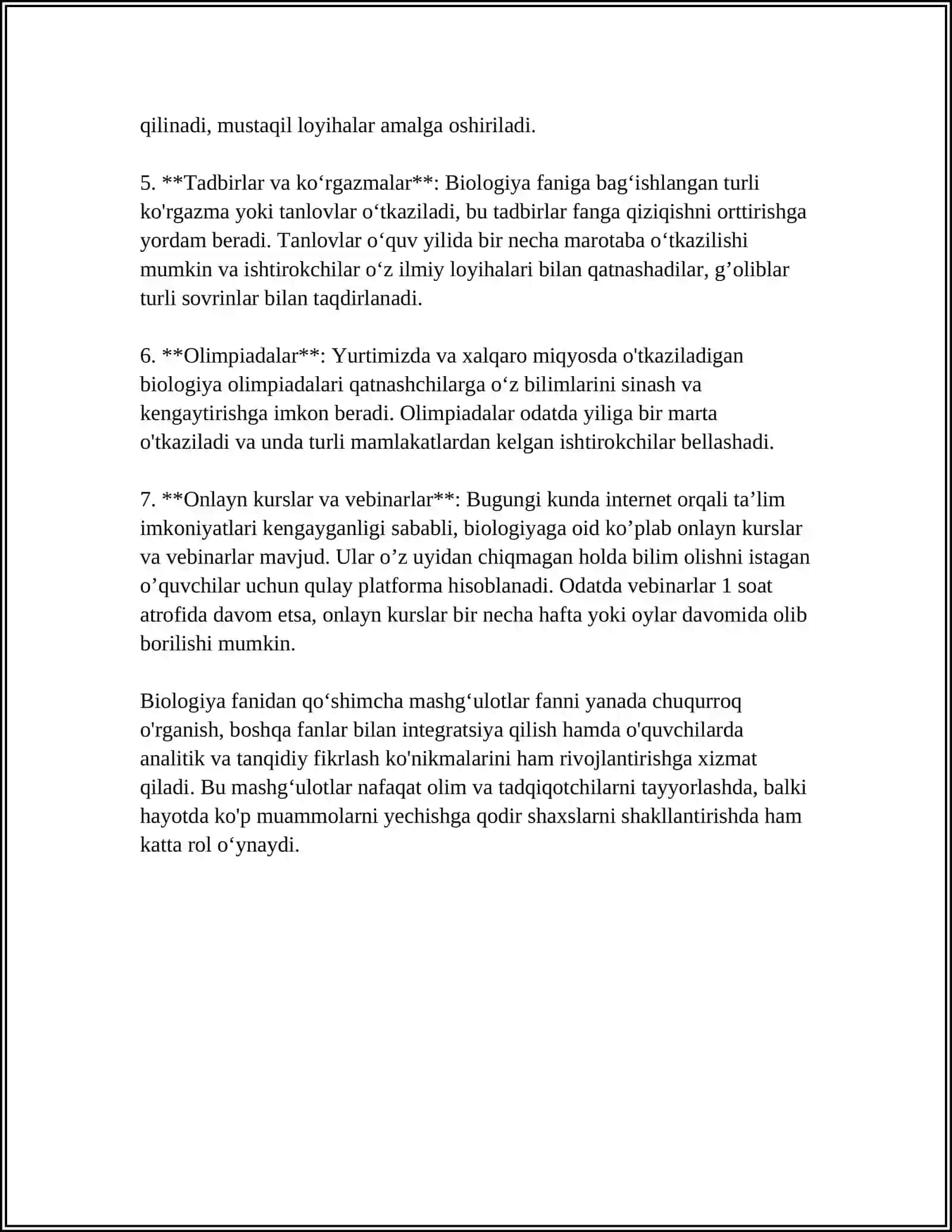 BIOLOGIYADAN SINFDAN TASHQARI MASHGʻULOTLARNING TAʼLIM TARBIYA JARAYONIDA TUTGAN OʻRNI 4