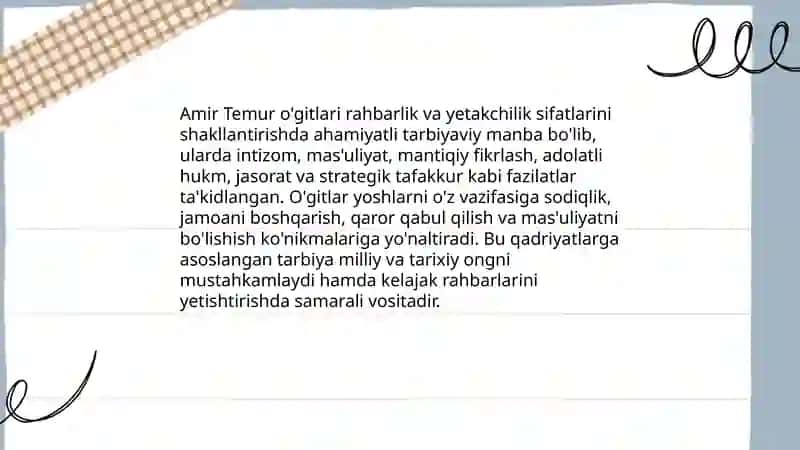 Amir Temur o'gitlarining tarbiyaviy ahamiyati 4
