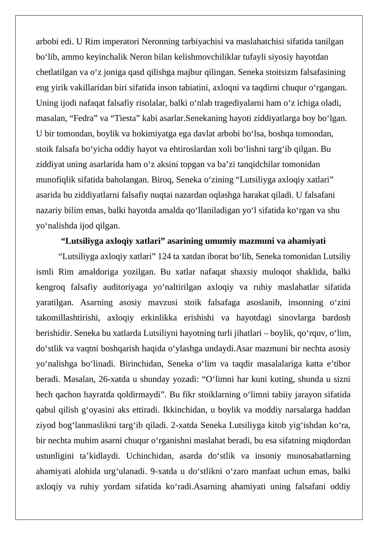 Senekaning “Lutsiliyga axloqiy xatlari” asari REFERAT 4