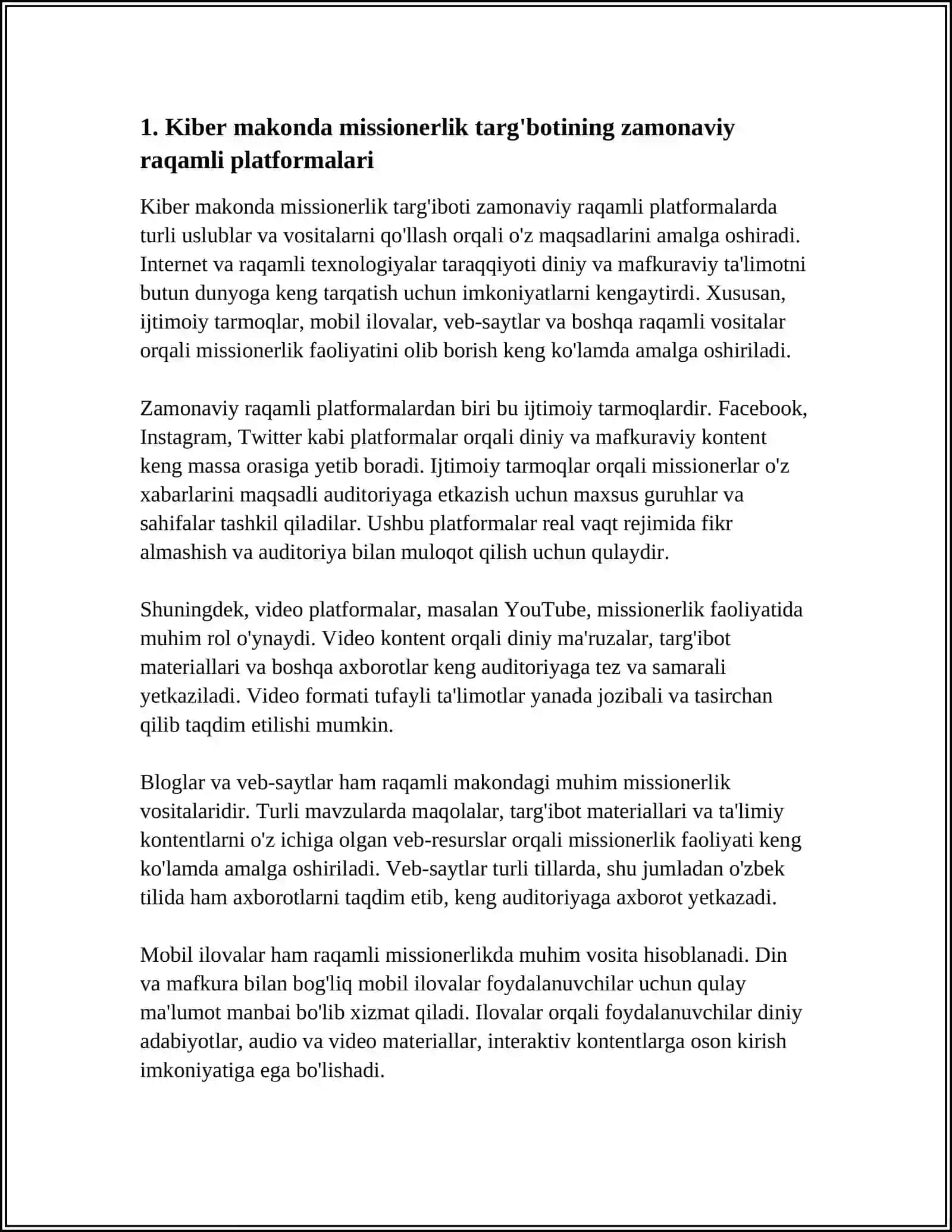 MISSIONERLIK TARG'BOTIDA USLUB VA VOSITALARNING ZAMONAVIYLASHUVI KIBER MAKONDA MAFKURAVIY TAHDIDLAR 4