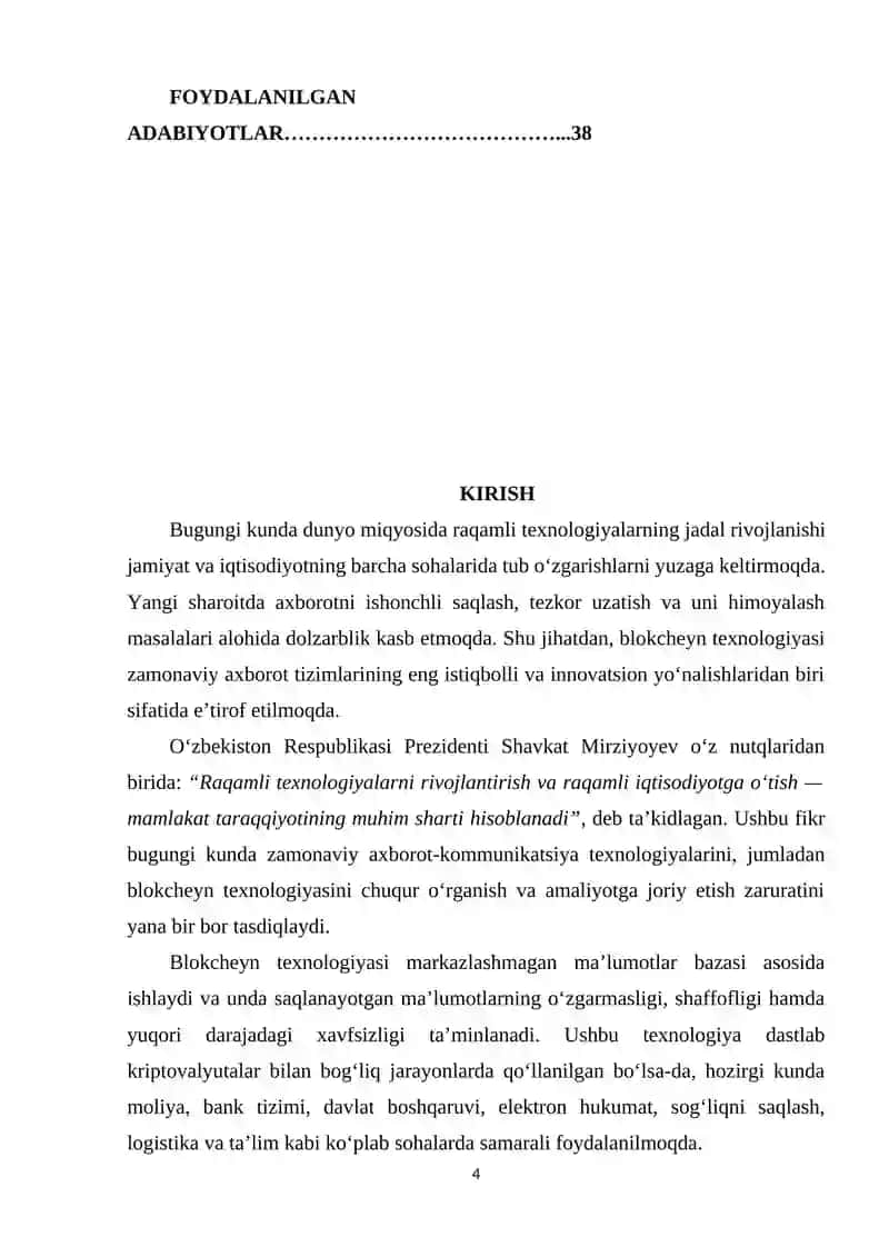 BLOKCHEYN TEXNOLOGIYASI VA UNING DASTURIY TA'MINOTI 4