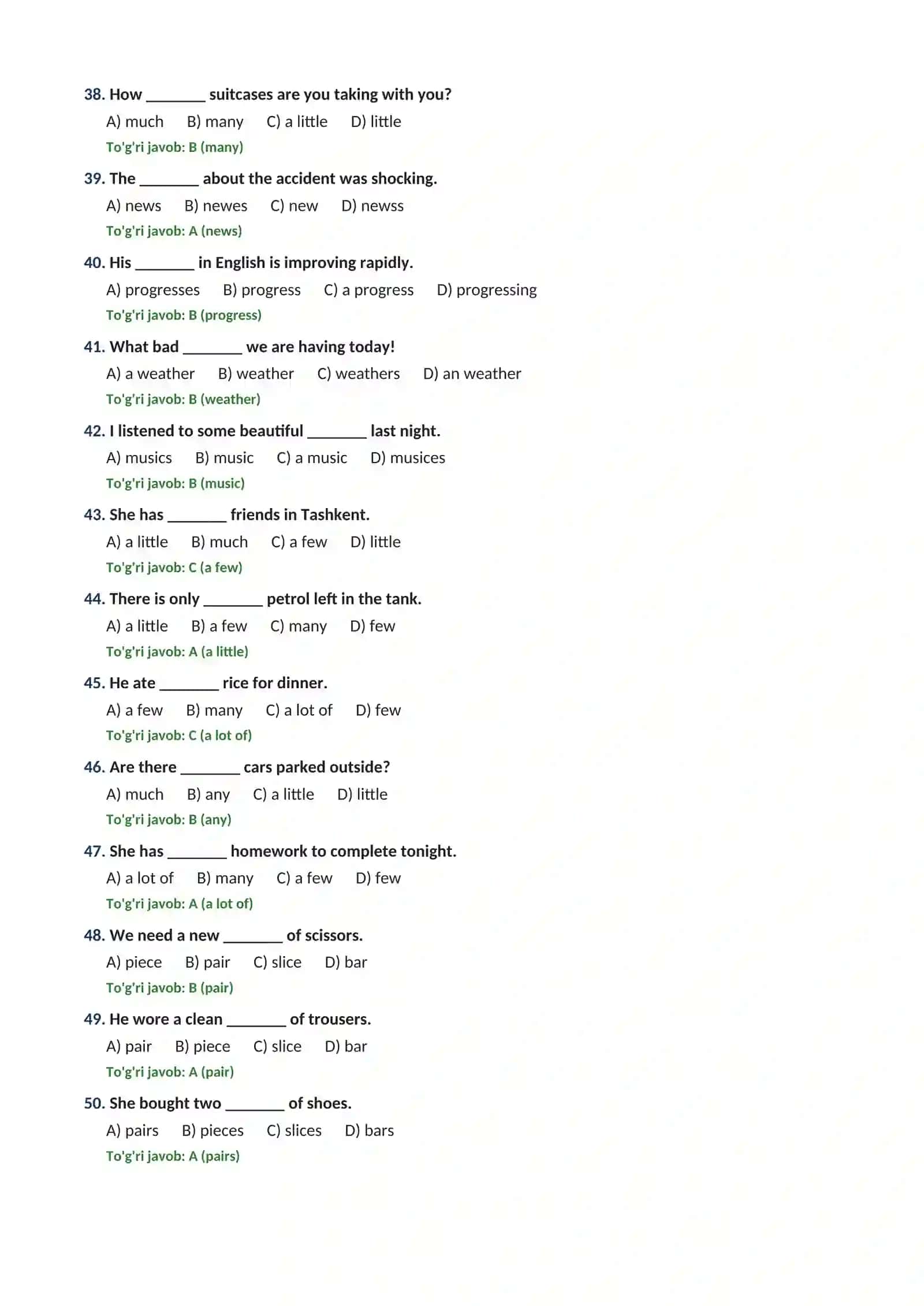 ENGLISH GRAMMAR: COUNTABLE AND UNCOUNTABLE NOUNS  100 TA TEST TOPSHIRIQLARI JAVOBLARI BILAN 4