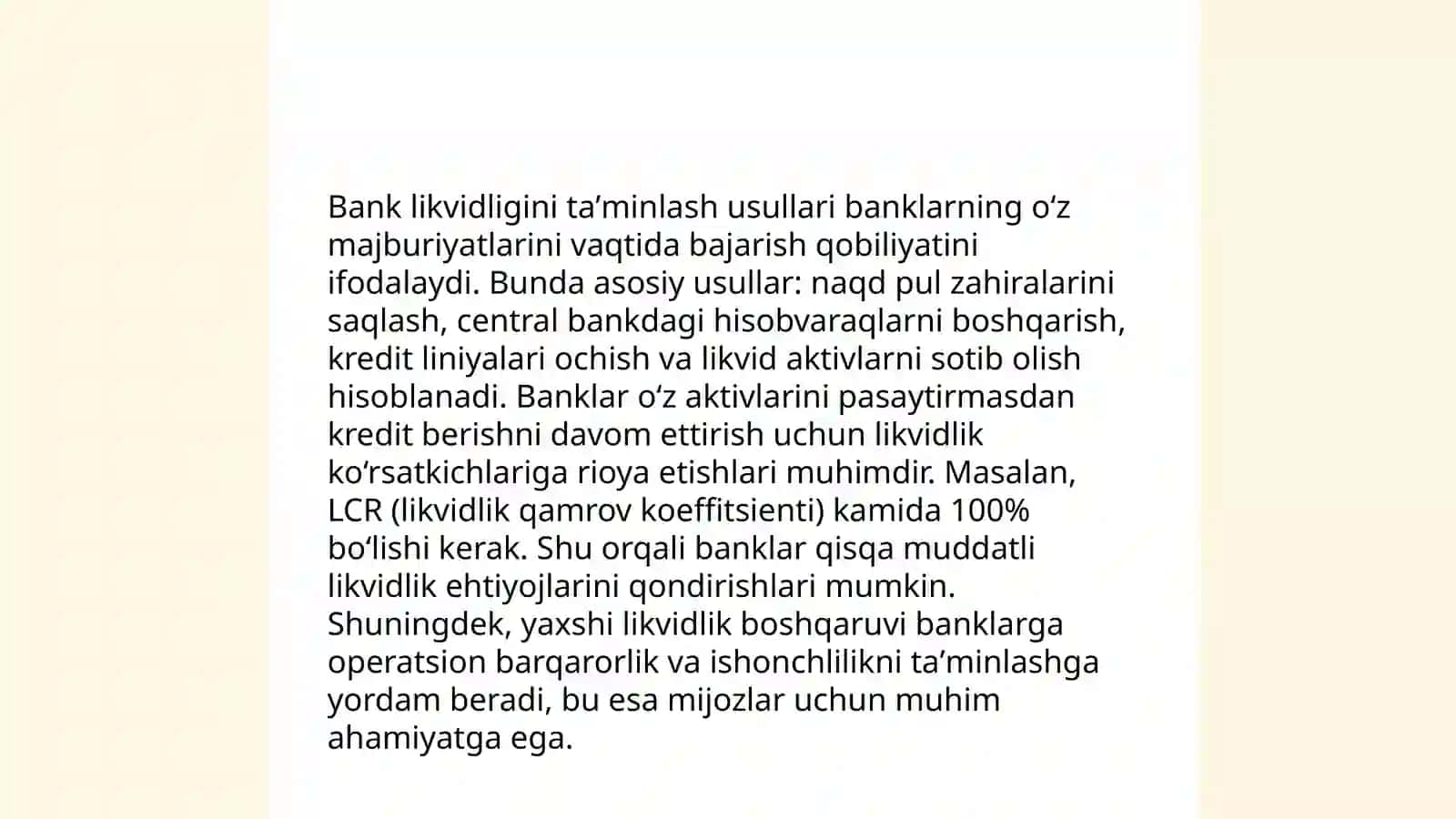 Tijorat banklarining toʻlovga layoqatligi va likvidligi 4